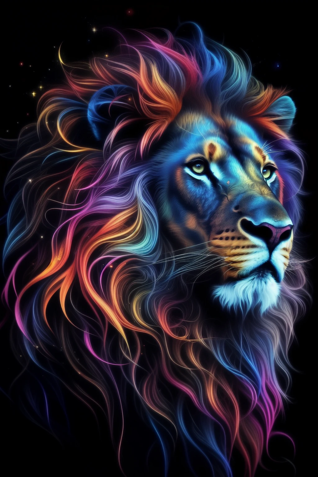 Close up portrait of lion with colorful mane isolated on black background, Colourful and detailed, with the mane of a lion, fire lion, Very complex and colorful, Colorful HD images, Mobile Phone Wallpaper HD, Awesome Wallpapers, the mane of a lion, HD Mobile Phone Wallpapers, Beautifully detailed animals, Strong and vibrant colours, A complex and colorful masterpiece