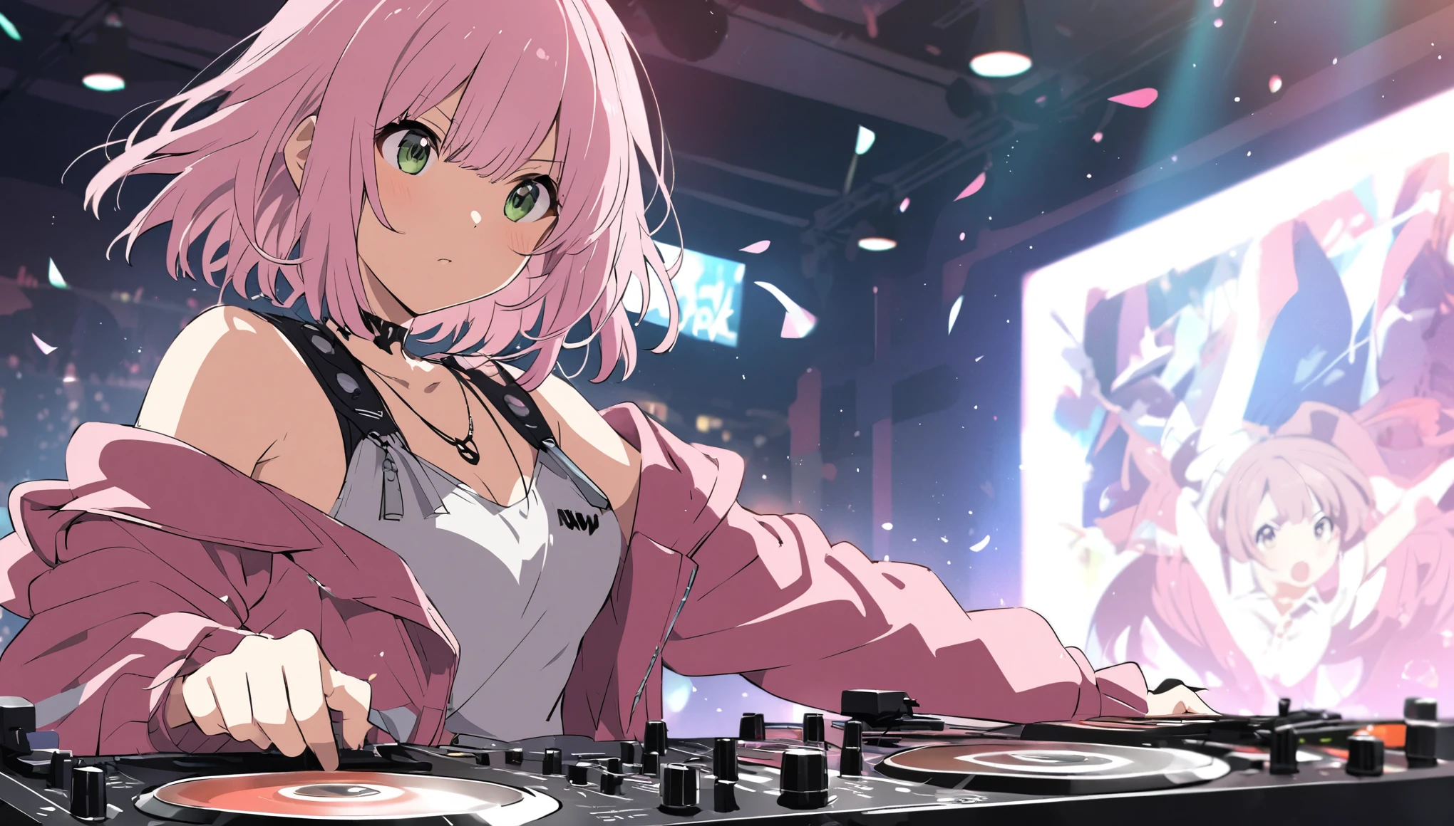 Anime drawings inspired by Makoto Shinkai, Cool girl, Pink Hair,indoor, DJ at the club, I'm putting it in parentheses