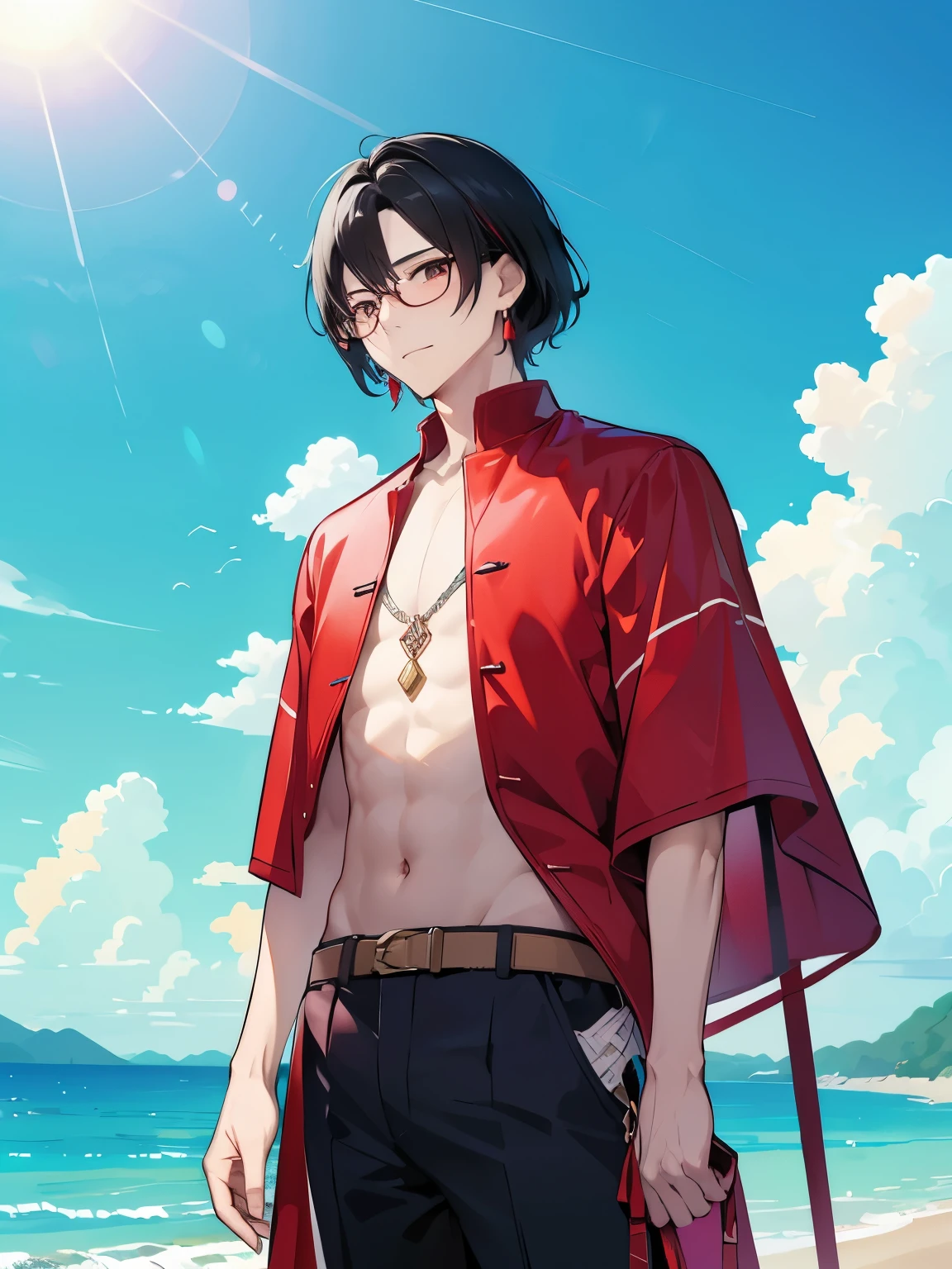masterpiece、Red earrings、Short black hair、A man in his 30s wearing glasses、summerの海、Bright sunshine、Blue sky and clouds、Open clotheale chest plate、Man's chest、Pectoral muscle、summer、Man in his 30s