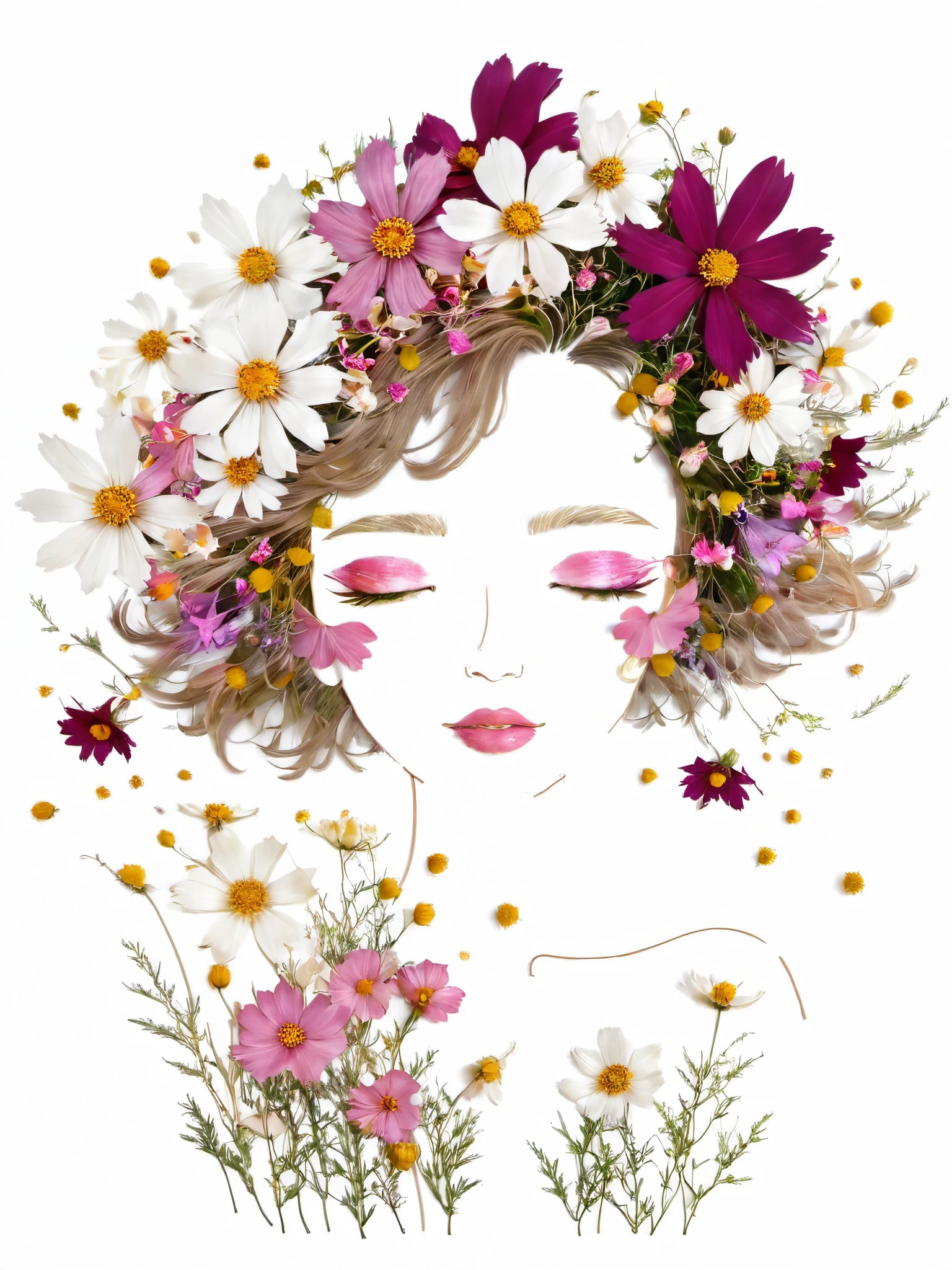 Fall Leaf Crafts, Girl made of flowers, Cosmos、Portraiture, White Background、