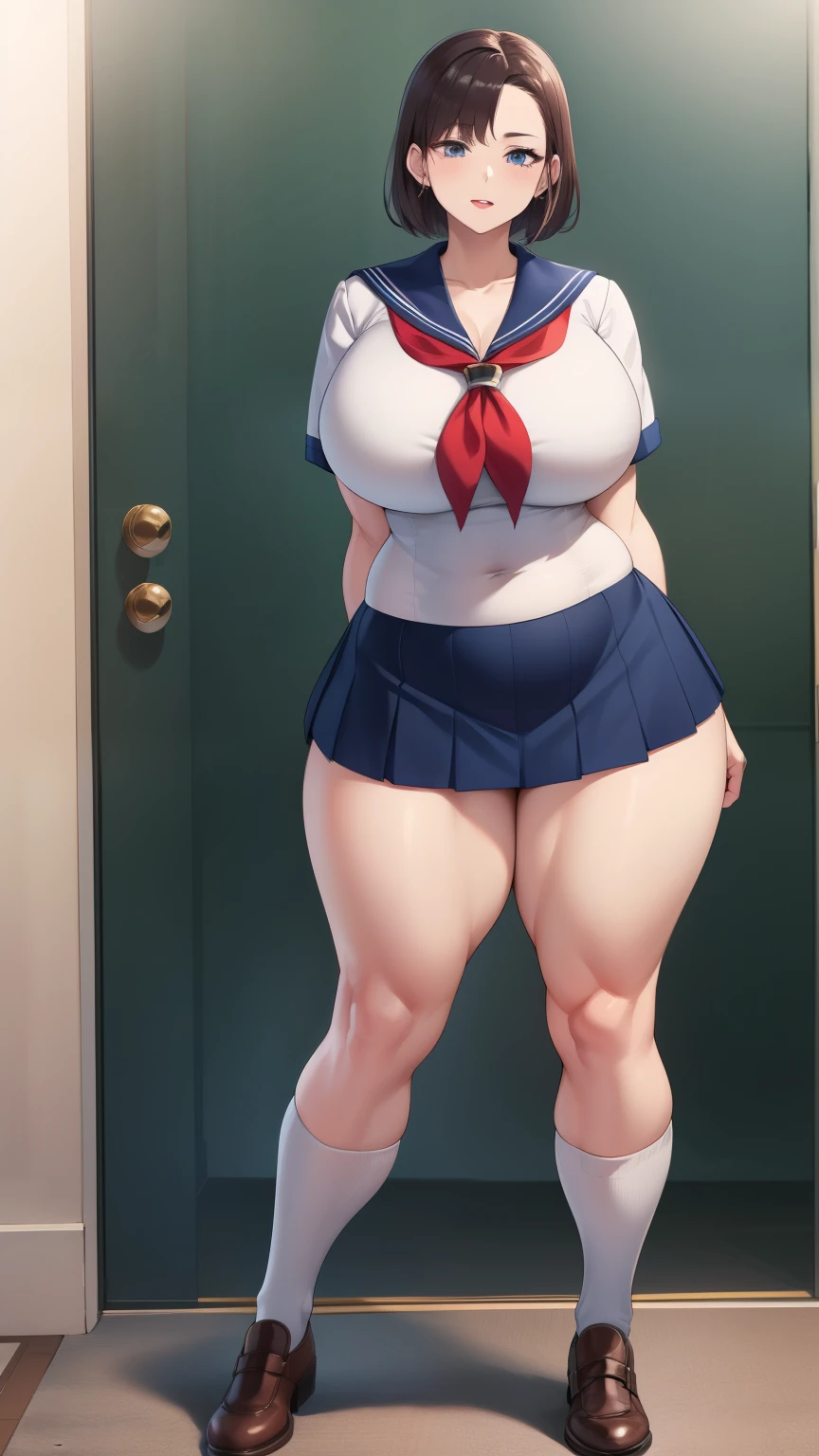 Large Breasts, Big Hips,Full Body Shot, Mature mother, Whipping the lower body, Plump thighs, Whole calf, Seductive mature woman, Perfect body, Plus Size Model,high school girl,Sailor suit, The skirt is short,Mature woman wearing Sailor suit,