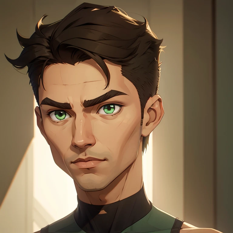 jon, a young guy in his 30s with asymmetric very short brown hair, green eyes, a flat nose, smooth skin, slim athletic body, ((strongly angled head portrait))