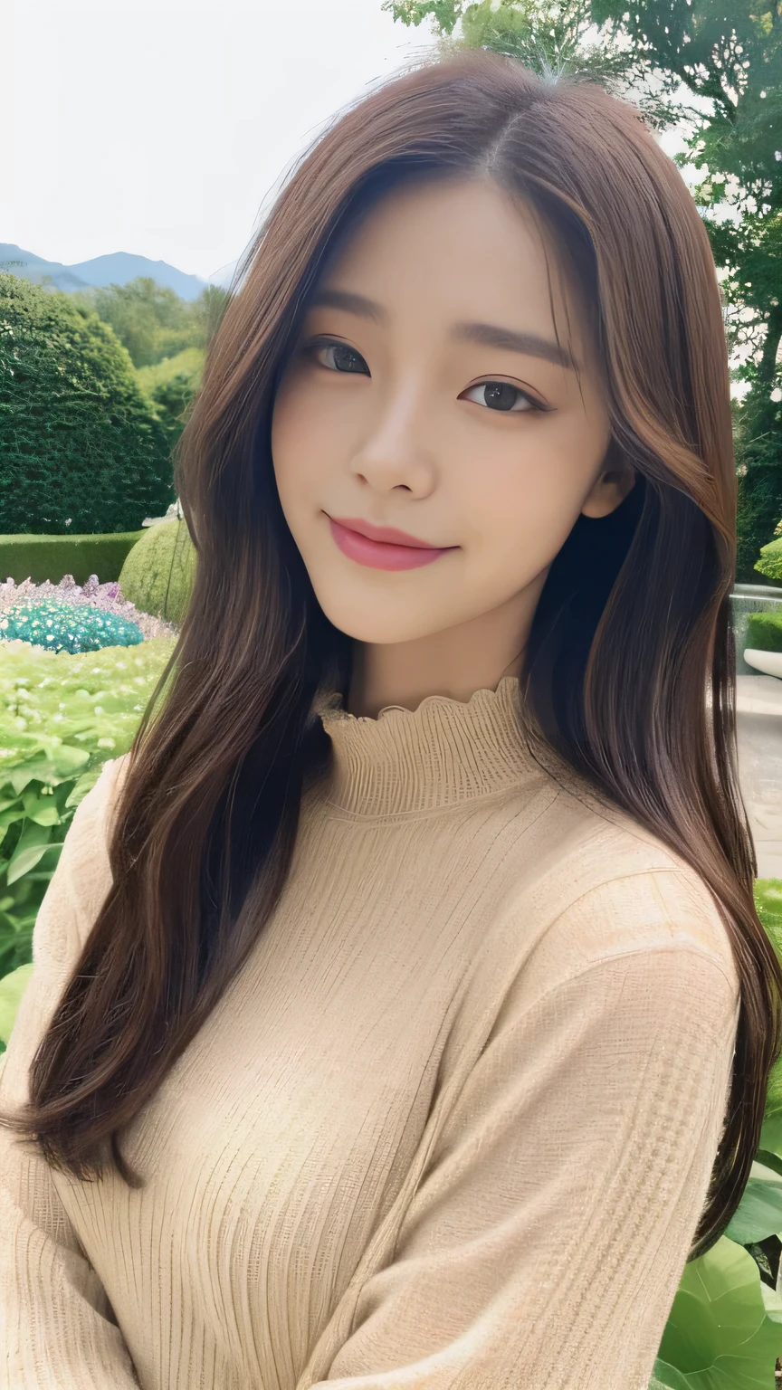 Full body angle、((highest quality, 8K, masterpiece:1.3)), concentrated:1.2, Perfect body beauty:1.4, Hips:1.2, ((Delicate Hair)), (Colorful lettuce cut mock neck see-through top without bra、 :1.1) , ((highest quality、8K、masterpiece:1.3))、1 Girl、A sloppy smile、Esbian all over、Slim face、Big 、Beautiful woman、(Dark Brown Hair)、Long Hair、1.1、Flickering Valley、Detailed eyes、double eyelid、Blurred Background、超Slim face、Looking down、garden、