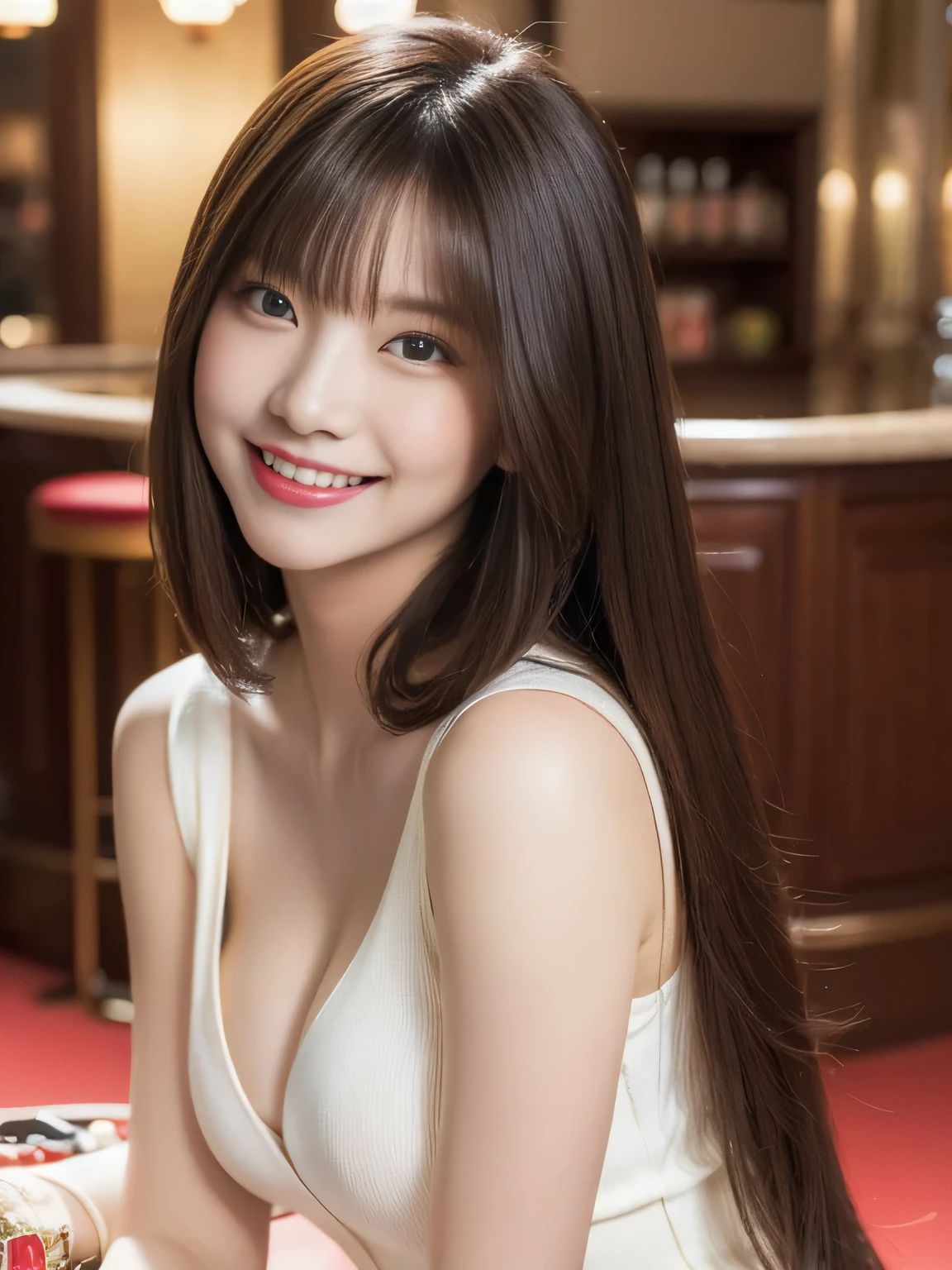 Tabletop, highest quality, figure, Very detailed, In detail, High resolution, 8k wallpaper, Perfect dynamic composition, Beautiful fine details,Casino Background、Bunny girl、 Long Hair,Center of chest, Natural color lip, Bold sexy pose,smile,20-year-old girl、cute、sexy shot looking at camera