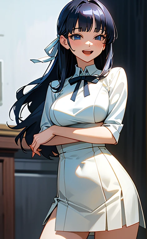(masterpiece:1.4、top-quality、illustration:1.4,realistic、)、(character focus、breast focus,cowboy shot:1.3)、(1girl),(Open mouth happy smile:1.3),(half closed eyes),cute face,blue eyes、()、
,(stand:1.4),(Shining smile),
,(slender),(sexy
idol clothes:1.3),(black middle hair:1.6,blunt bangs,),(hair ribbon1.3), (medium breasts:1.3)、stage
、slender、