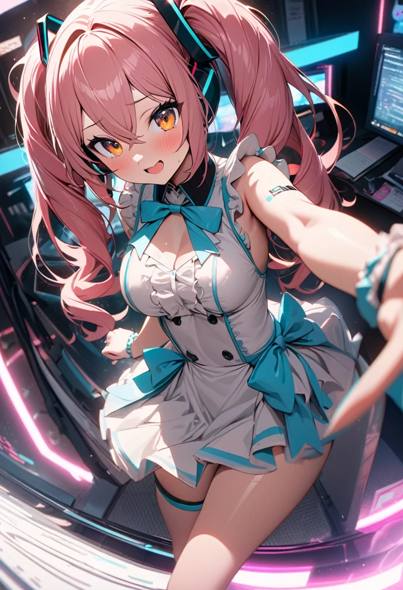 A cute woman (sheer lingerie, cat ear head set, comfy cameraoffice chair, brightly colored hair with matching contact lenses) is at her gaming center, she is making lewd poses for the camera