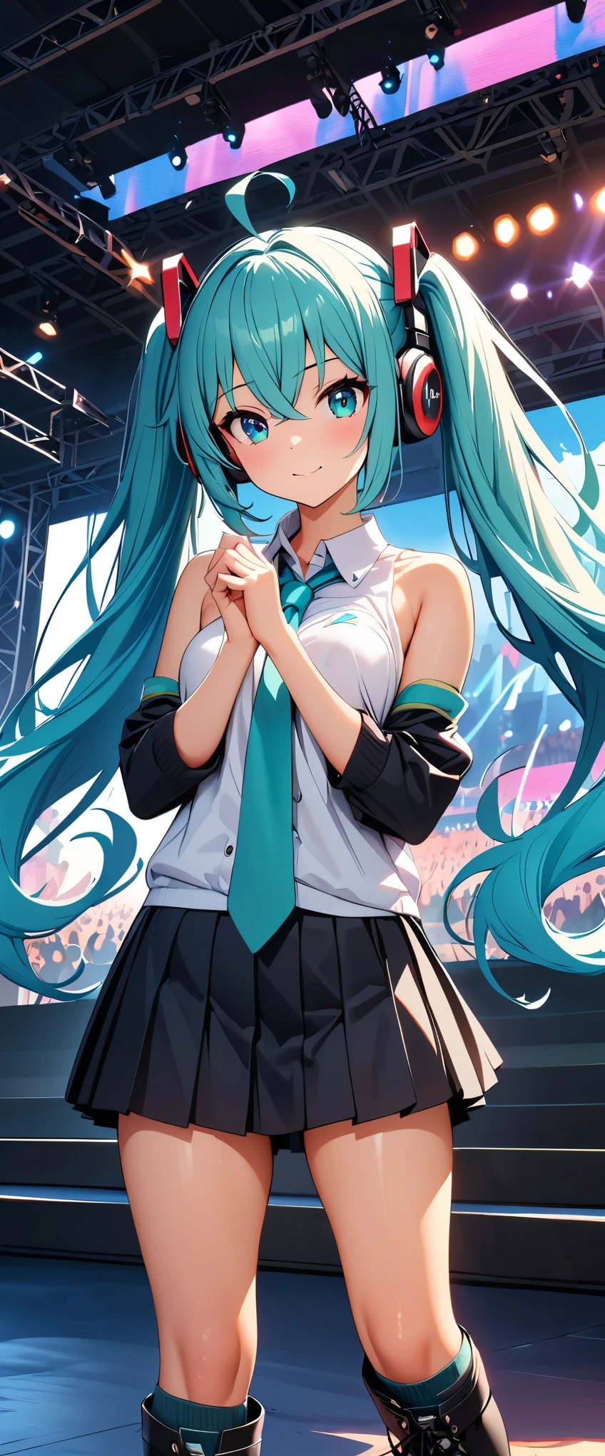 (highest quality:1.2, Very detailed, up to date, Vibrant, Super Detail, High Contrast, masterpiece:1.2, highest quality, Best aesthetics), A woman, miku hatsune, Ahoge, Aqua Eye, Aqua Hair, Crossed bangs, Hair between the eyes, hair ornaments, Headphones, Long Hair, Twin tails, aqua tie, Black footwear, black skirt, Black sleeves, boots, collared shirt, Removable sleeves, grey shirt, tie, pleated skirt, shirt, skirt, No sleeve, No sleeve shirt, Perfect body line, Skin with attention to detail, cute, Detailed face, (((Face Up Shot:1.2))), (Random Pause), ((spot, stage, ライブstage:1.4)), Accurate Fingers, Light effects, Dance Motion, sensational, erotic, Soft lighting,