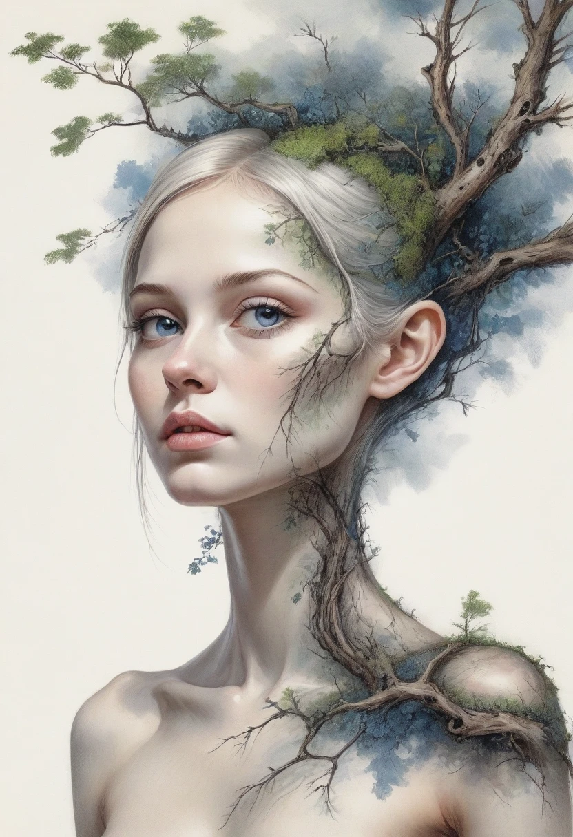 upper body girl, growth,leaf,tree branch on head,branch,fractal, dissect, bone, girl made of branch, ink, scenery break melting, Ink painting style, ink splash, bird, flower, Plant Maiden, covered with moss，cedar, 
collarbone, girl, adult, [Nordic], Hourglass elongated body, perfect skin, Oval Face, Long neck, Rounded shoulders, Attached Pointed ears, round forehead, Short blonde Waves pixie hair, snub nose, Arched eyebrows, Monolid Eyes, High Round Narrow Symmetrical cheekbones, Dimpled Cheeks, Rounded Chin, Rounded Jawline, Fine Puppet Wrinkles, Smooth Nasolabial Folds, Full nude Lips, (blue eyes), Nude Makeup Look, long eyelashes,  
hyperrealism, masterpiece, high resolution, best quality, ultra detailed, Hyperrealistic art, high quality, ultra high resolution, extreme detail, many details, Extremely high resolution detail,perfect white skin, perfect face,
 the ribs of the svelet are visible, the head is deformed by a tree branch, the hand is deformed by a tree branch, the fingers are like branches, trees have grown through the body, 
smudges, tree on head, roots, branch with birds overhead, paint smudges,