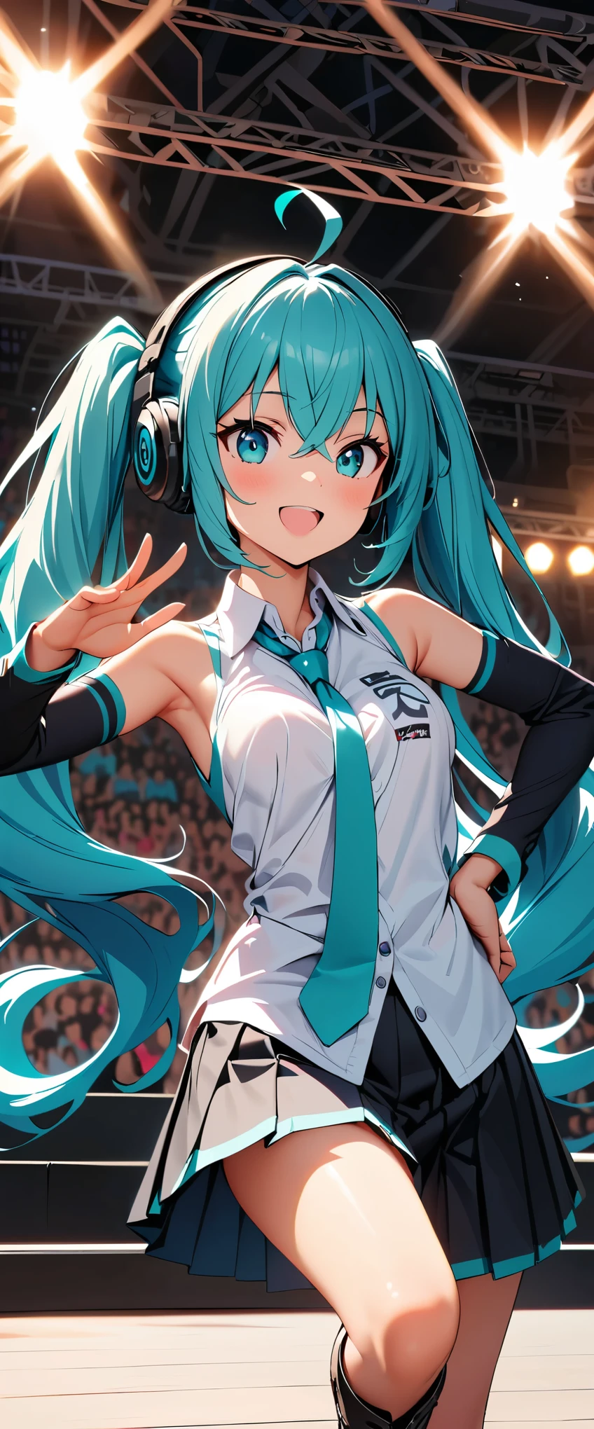(highest quality:1.2, Very detailed, up to date, Vibrant, Super Detail, High Contrast, masterpiece:1.2, highest quality, Best aesthetics), A woman, miku hatsune, Ahoge, Aqua Eye, Aqua Hair, Crossed bangs, Hair between the eyes, hair ornaments, Headphones, Long Hair, Twin tails, aqua tie, Black footwear, black skirt, Black sleeves, boots, collared shirt, Removable sleeves, grey shirt, tie, pleated skirt, shirt, skirt, No sleeve, No sleeve shirt, Perfect body line, Skin with attention to detail, cute, Detailed face, (((Face Up Shot:1.2))), (Random Pause), ((spot, stage, ライブstage:1.4)), Accurate Fingers, Light effects, Dance Motion, sensational, erotic, Soft lighting,