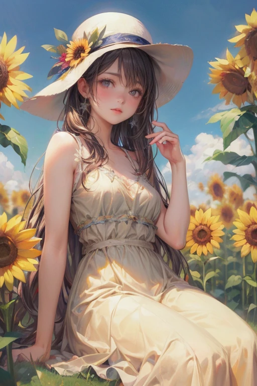 masterpiece:1.2, 8k, photorealistic:1.37, cute girl,  sparkling eyes, shining lips, beautiful detailed eyes, beautiful detailed lips, long eyelashes, flowing hair, joyful expression, vibrant dress, sitting on a grassy field, surrounded by colorful sunflowers:1.2, wearing a stylish hat, a warm and sunny day, soft natural lighting, vivid colors, medium: oil painting, ultra-detailed, realistic, bokeh, dynamic action,