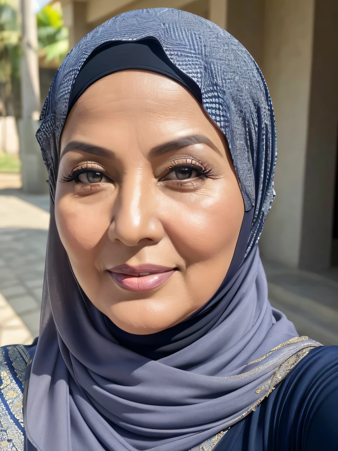 (selfie photo) (Realistic) ((Sexy Hijab)) (real mature face) (old beauty) 62 Years old fat Brunei mature woman, sexy curvy, (sexy chubby body shape), (natural makeup), Big : 34.9, (old woman in Jakarta) soft smile, facing at camera, half body - professional photography with excellent lighting. Outdoor. Dynamic background