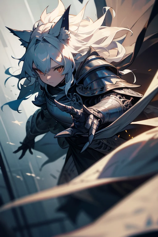 Wolf Knight, fine armor, Intricate Design, Silver, silk, Cinema Lighting, 4K, Floating Hair, sharp