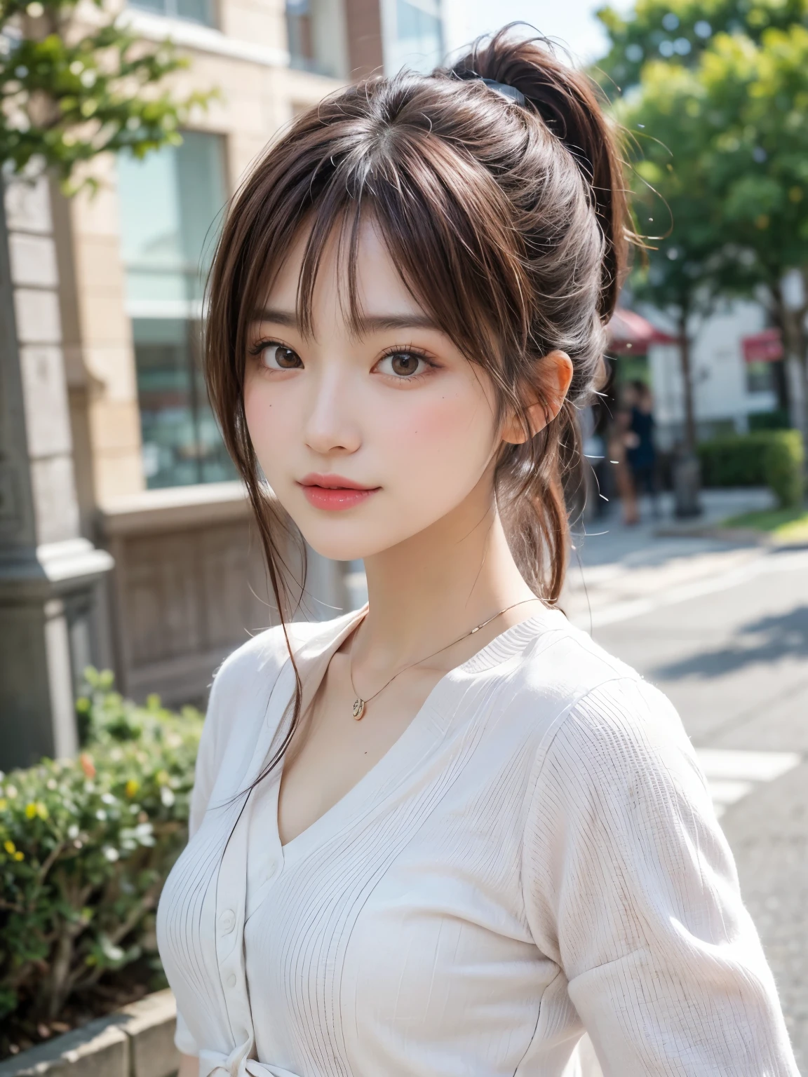masutepiece, Best Quality, Illustration, Ultra-detailed, finely detail, hight resolution, 8K Wallpaper, Perfect dynamic composition, Beautiful detailed eyes, Women's Fashion Summer,Medium Hair,Small breasts natural color lip, Bold sexy poses,Smile,Harajuku、20 years girl、Cute、Sexy shot looking at camera,(((pink brown hair, ponytail)))