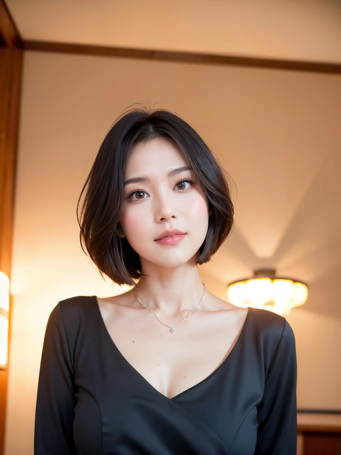 (highest quality, 8k, 32k, masterpiece, Ultra-high resolution:1.2),Beautiful Japanese Women Photos, Standard body type、（D cup ???????:1.4), Very short bob hair,Upper Body,Face Focus,（black formal blouse：1.4）、（black ruffle blouse:1.6）,（Pearl Necklace:1.4), （Midnightの工場事務室:1.6), The viewer is looking at her from the side, Observe the audience、（smile：1.3）、（教会の薄Dark Room：1.6）、（Only candlelight：1.5）、Dark Room、Midnight