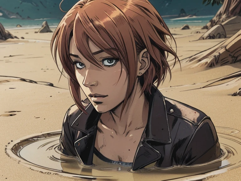 close-up portrait, An anime woman head with colored hair, completely drowned in quicksand:1.2, [leather jacket]