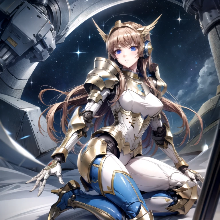 highest quality、unity 8k wallpaper、32k、masterpiece、Very detailed、Ultra-high resolution、Ultra-high resolution、Android Noel Marres Ascot、Knights of the Blue Blood、Androidization、Robot Girl、Blue and white armor with dressy mechanical limbs、thigh、Big Breastecha musume、Machinery Parts、Super complexly expressedRobot Joints、Robot Joints、Robot Fingertips、Single Mechanical Arm、Mechanical Arm、headgear、headset、Detailed mechanical body、Mechanical corset covered with detailed armor.、Stiletto heels、Realistic and complex camera eye、A complex fusion of body and machine、Legs covered in white and blue armor、Robotic knee joint、Mechanically generated fingers、Eyes like a mechanical camera、Anatomically correct machine、The whole body is covered in machinery、Clad in blue and white armor、Beautiful posture、Princess Half-Up Hairstyle、(((Part of the thigh is flesh colored)))、