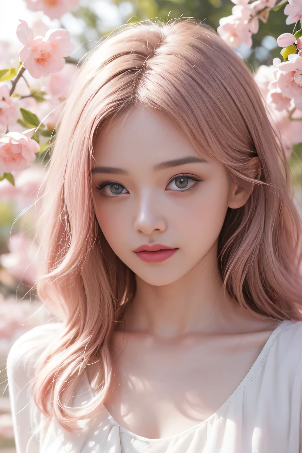 (1 Girl:1.olo, (((Very Very Detailed face))),((Very detailed eyes and face))),(Full body portrait:1.5)Light pink hair, Pink Eyes, Pink and white, Sakura Leaves, Bright colors, White Dress, Paint splatter, Simple background, Ray Tracing, curls