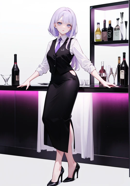((Perfect Face)),Purple Hair,Semi-long hair,1 female,bartender,,Black vest,tie,High heels,,((Simple light color background)),((smile)),((whole body)),((whole body)),Portraits,virtual,upright,