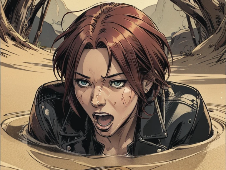 close-up portrait, An anime woman head with colored hair, orgasm expression, completely drowned in quicksand:1.3, [leather jacket]
