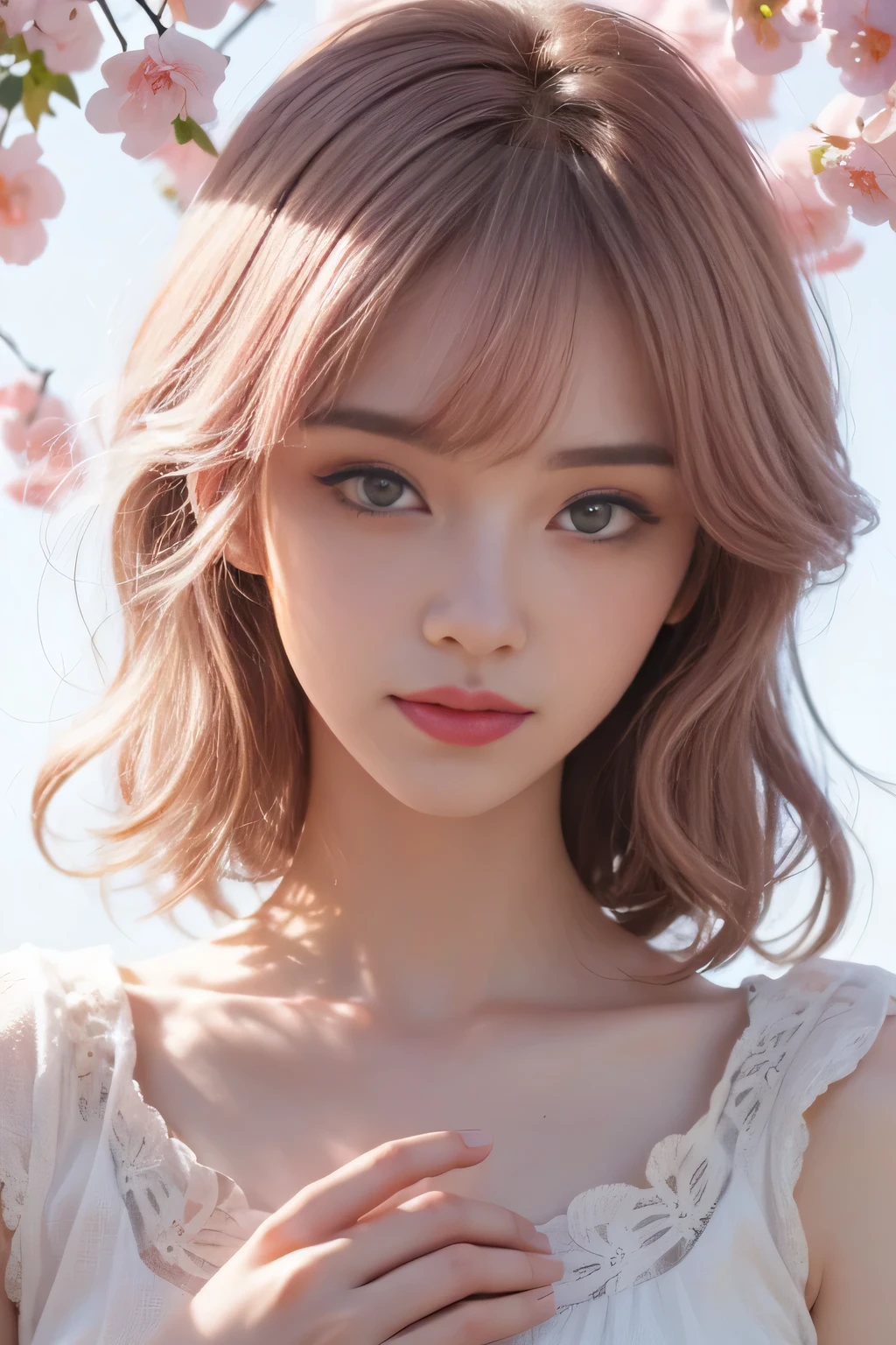 （1 Girl：1.3）， solo， （（（Very Very Detailed face））），（（Very detailed eyes and face））），（Full body portrait:1.5）Light pink hair, Pink Eyes, Pink and white, Sakura Leaves, Bright colors, White Dress, Paint splatter, Simple background, Ray Tracing, curls