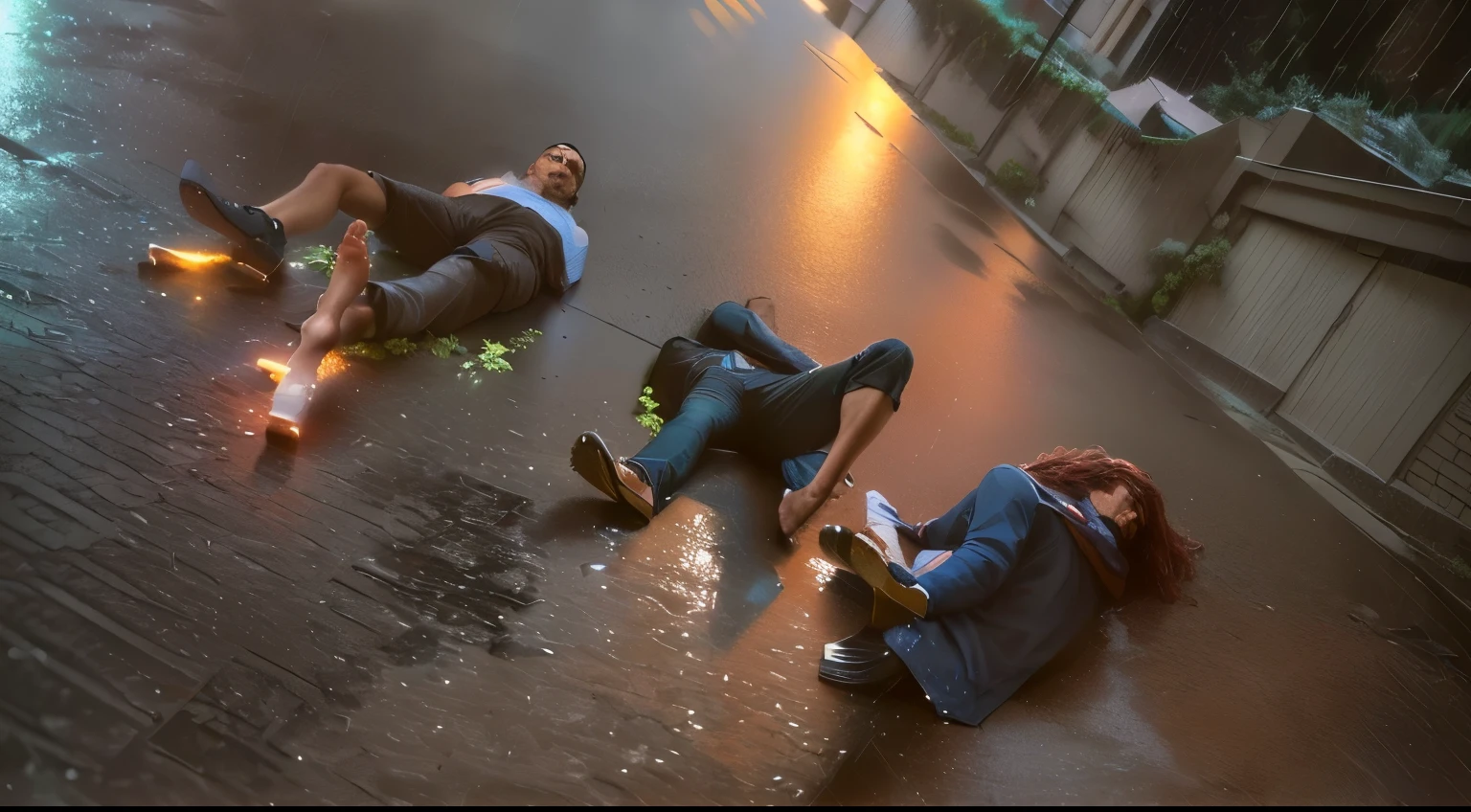 three men lying on the floor in the rain on a street, depois da chuva e sem garotas, they are all lying down, dia depois de chover, logo depois da chuva, lavar na chuva, ruas molhadas, rain is falling, deitado de costas, me ajude, descansando depois de uma luta dura, lying on the floor, people on the floor, chuva forte