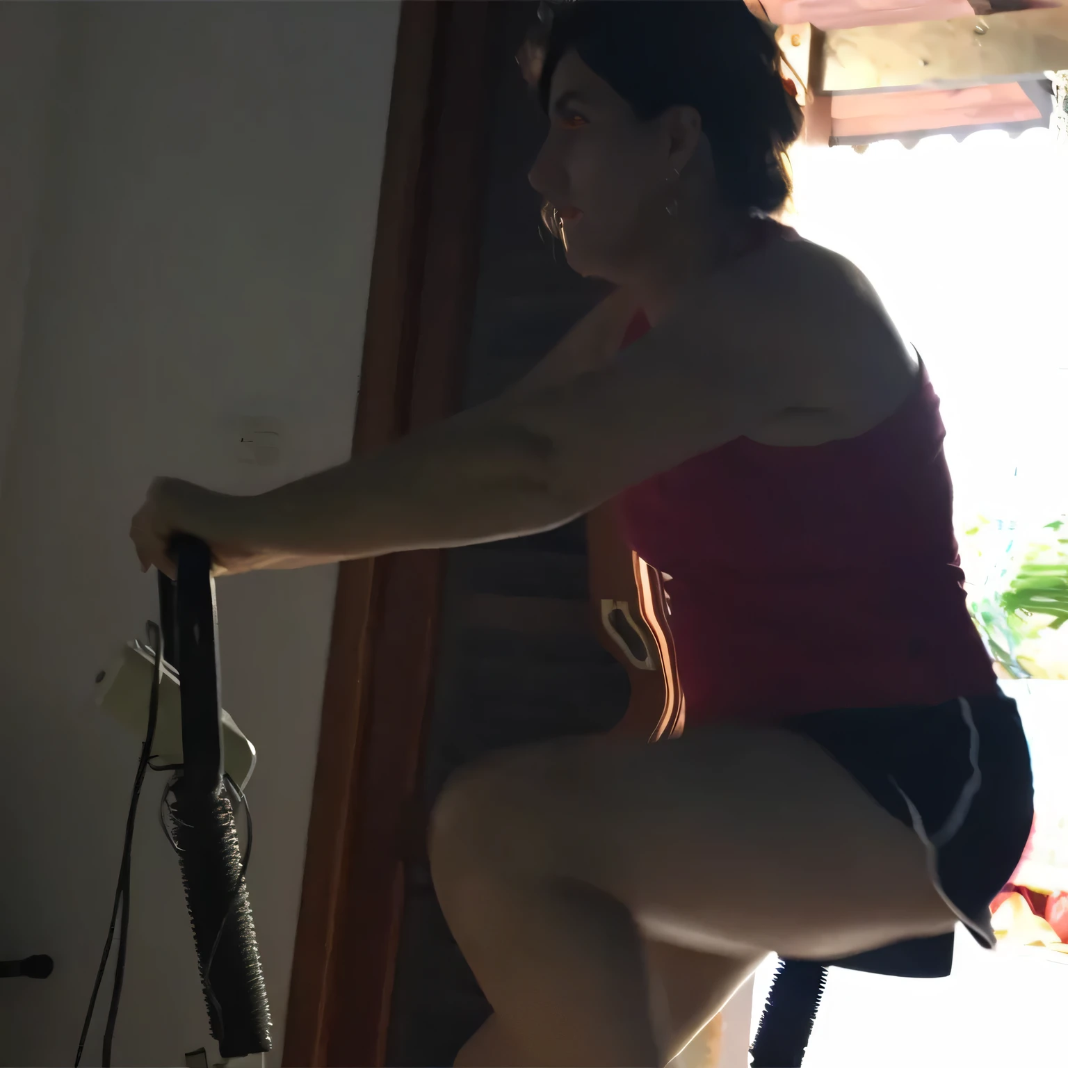 wA beautiful light brunette woman, black hair, (ultra quality masterpiece) with toned body, 35 years old, 1.62 tall, 60 kg, poses gracefully for the camera, she is on a treadmill, best quality, wallpapers detailed Unity 32K CG, clean skin, medium length breasts, perfect face makeup, perfect mouth, perfect hands, (((black hair))), is standing, (full body) wearing red top (((red top)) )), short black shorts (((short black shorts)))), dark brown hair, short black shorts for gym training, in black, tanned body, sexy pose, shapely legs 3.6, well defined, high contrast, Ultra HD, photo taken from a high-tech camera, high-tech camera quality, high contrast, clean and glowing skin photography, lots of sweat on the body and face, 16K. She wears a tight red blouse that accentuates her slim waist and defined muscles, revealing well-sculpted arms and shoulders. Her naturally radiant skin glows in the HDR light and her piercing dark brown eyes glow with inner warmth and vitality. The vivid, hyper-detailed textures of her hair and clothing add depth and texture to the image, making it a captivating, ultra-realistic masterpiece.