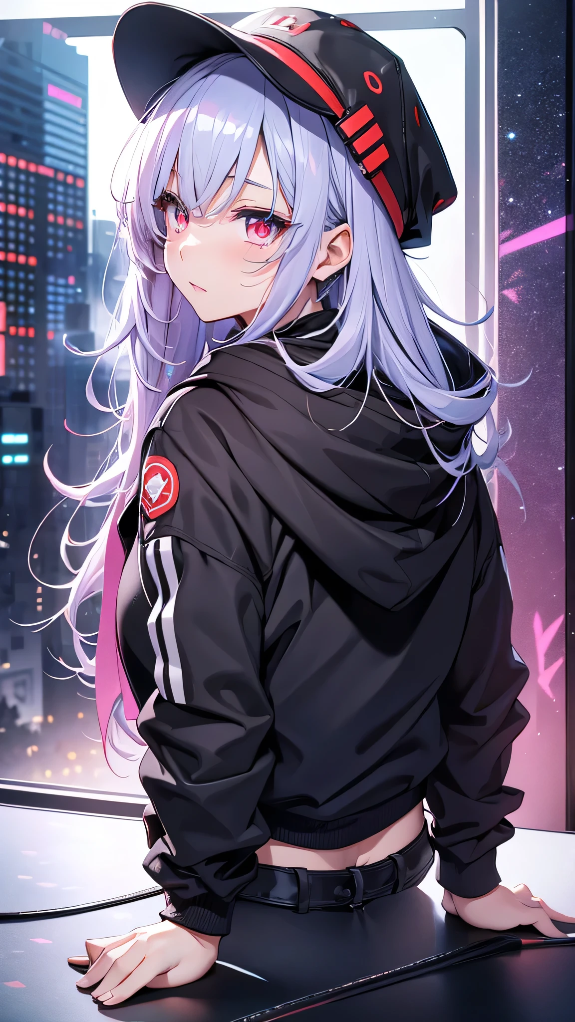 最high quality、Best image quality、masterpiece、girl((18-year-old、 By becoming、Best Bust、Medium Bust,Wide open breast tea、Red glowing eyes,Silver Hair、Disheveled Hair、Long Hair、thin,The highest valley、Open chest、Luminous Wristbands、hat、hair ornaments、luminous necklace、Black sleeveless hoodie(1:2)、Blue short skirt、Disheveled clothing、Show the whole body,Low - Angle、Hacker-like、sweating、lure、Black cute mask、Leaning against a wall、Black scarf、Have a smartphone、Back view、Accentuate your butt、On all fours)),high quality、Beautiful art、background((Neon Light、Neon interior at night))、Flight、Flying debris、Written boundary depth、movie、Visual Arts、Perfect art、8K,Genuine、