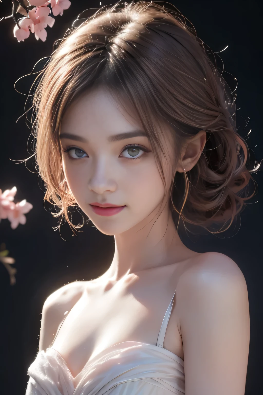 (1 Girl:1.3), solo, (((Very Very Detailed face))),((Very detailed eyes and face))),(Full body portrait:1.5)(Light pink hair:1.5), (Pink Eyes:1.5), Pink and white, Sakura Leaves, Bright colors, White Dress, Paint splatter, Simple background, Ray Tracing, curls