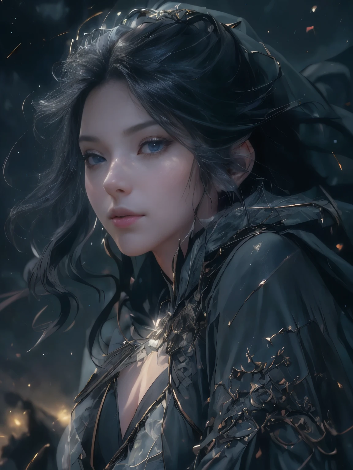 A stunningly beautiful woman with striking features, dressed in an intricately detailed ninja outfit. The scene is set at night, captured in breathtaking 8k resolution. Her attire is sleek and form-fitting, accentuating her lithe, athletic build. Her eyes are intense and focused, peering through a mask that covers the lower half of her face. She has long, flowing hair that cascades down her back, shimmering subtly under the moonlight.

The background is adorned with a glowing, fluorescent fantasy diagram, casting an ethereal light around her. The diagram is intricate, with arcane symbols and patterns that give the scene a mystical ambiance. The overall atmosphere is dark and enigmatic, highlighting the contrast between the shadowy environment and the luminous diagram. The high resolution captures every minute detail, from the textures of her outfit to the delicate glow of the diagram.
