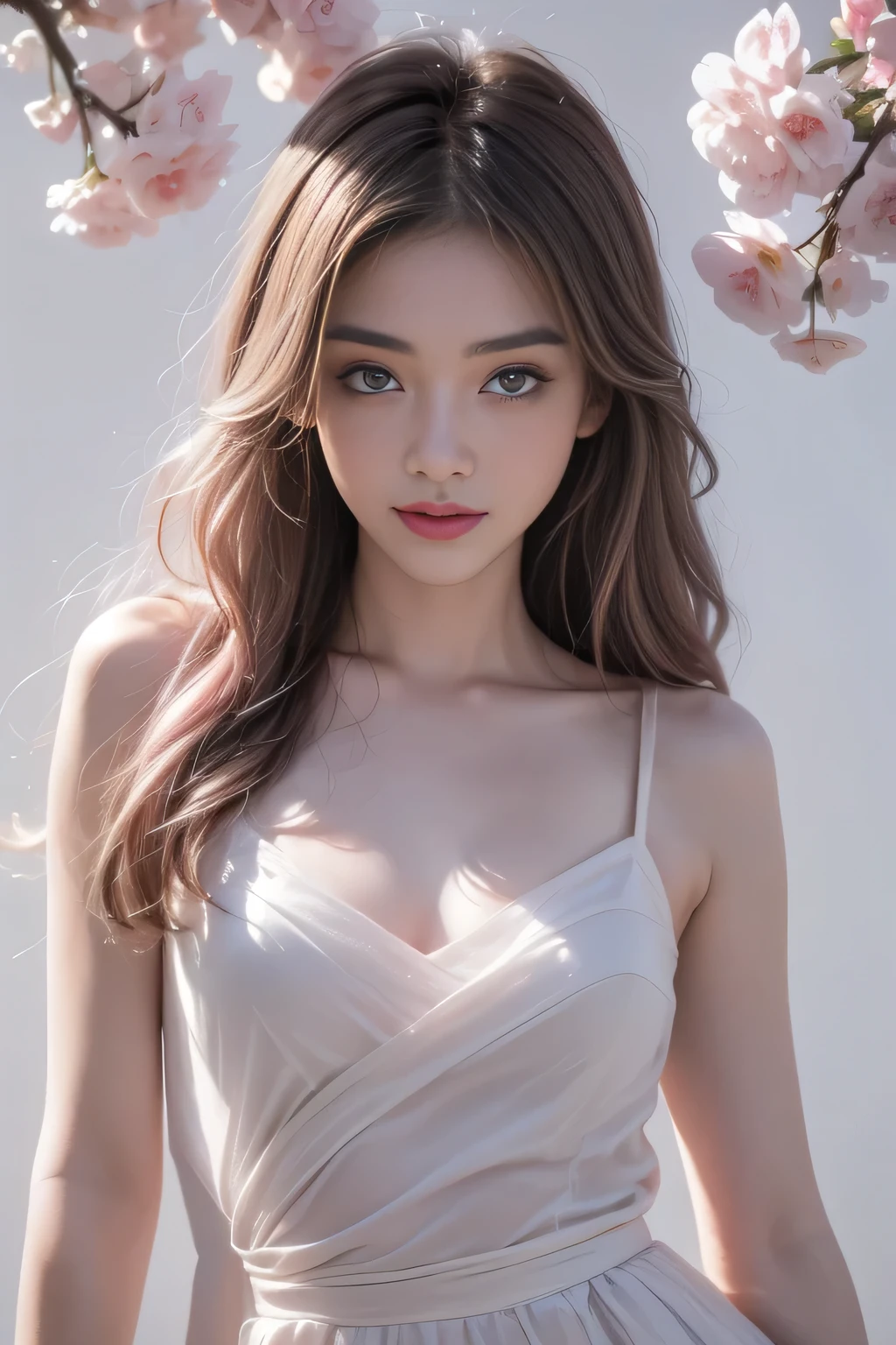 （1 Girl：1.3）， solo， （（（Very Very Detailed face））），（（Very detailed eyes and face））），（Full body portrait:1.5）（Light pink hair:1.5）, （Pink Eyes:1.5）, Pink and white, Sakura Leaves, Bright colors, White Dress, Paint splatter, Simple background, Ray Tracing, curls