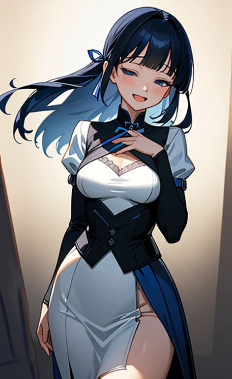 (masterpiece:1.4、top-quality、illustration:1.4,realistic、)、(character focus、breast focus,cowboy shot:1.3)、(1girl),(Open mouth happy smile:1.3),(half closed eyes),cute face,blue eyes、()、
,(stand:1.4),(Shining smile),
,(slender),(Erotic idol clothes:1.3),
(black middle hair:1.6,blunt bangs,),(hair ribbon1.3), (medium breasts:1.3)、stage
、slender、