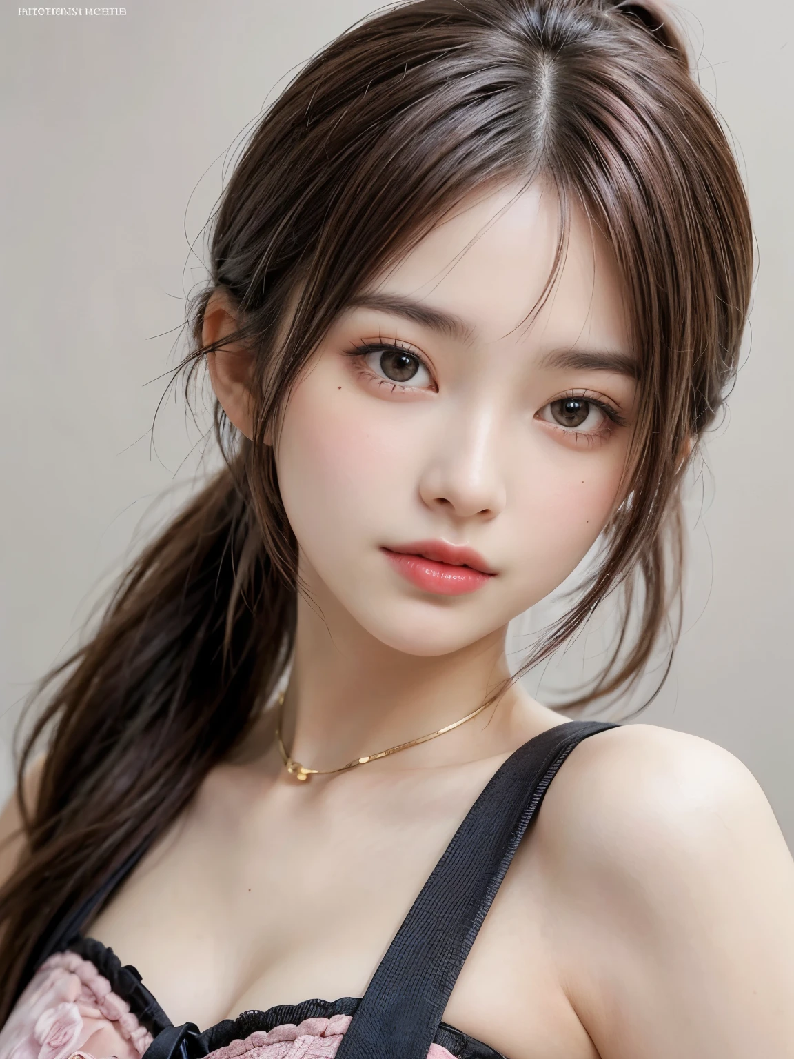 masutepiece, Best Quality, Illustration, Ultra-detailed, finely detail, hight resolution, 8K Wallpaper, Perfect dynamic composition, Beautiful detailed eyes, Women's Fashion Summer,Medium Hair,Small breasts natural color lip, Bold sexy poses,Smile,Harajuku、20 years girl、Cute、Sexy shot looking at camera,(((pink brown hair, ponytail)))