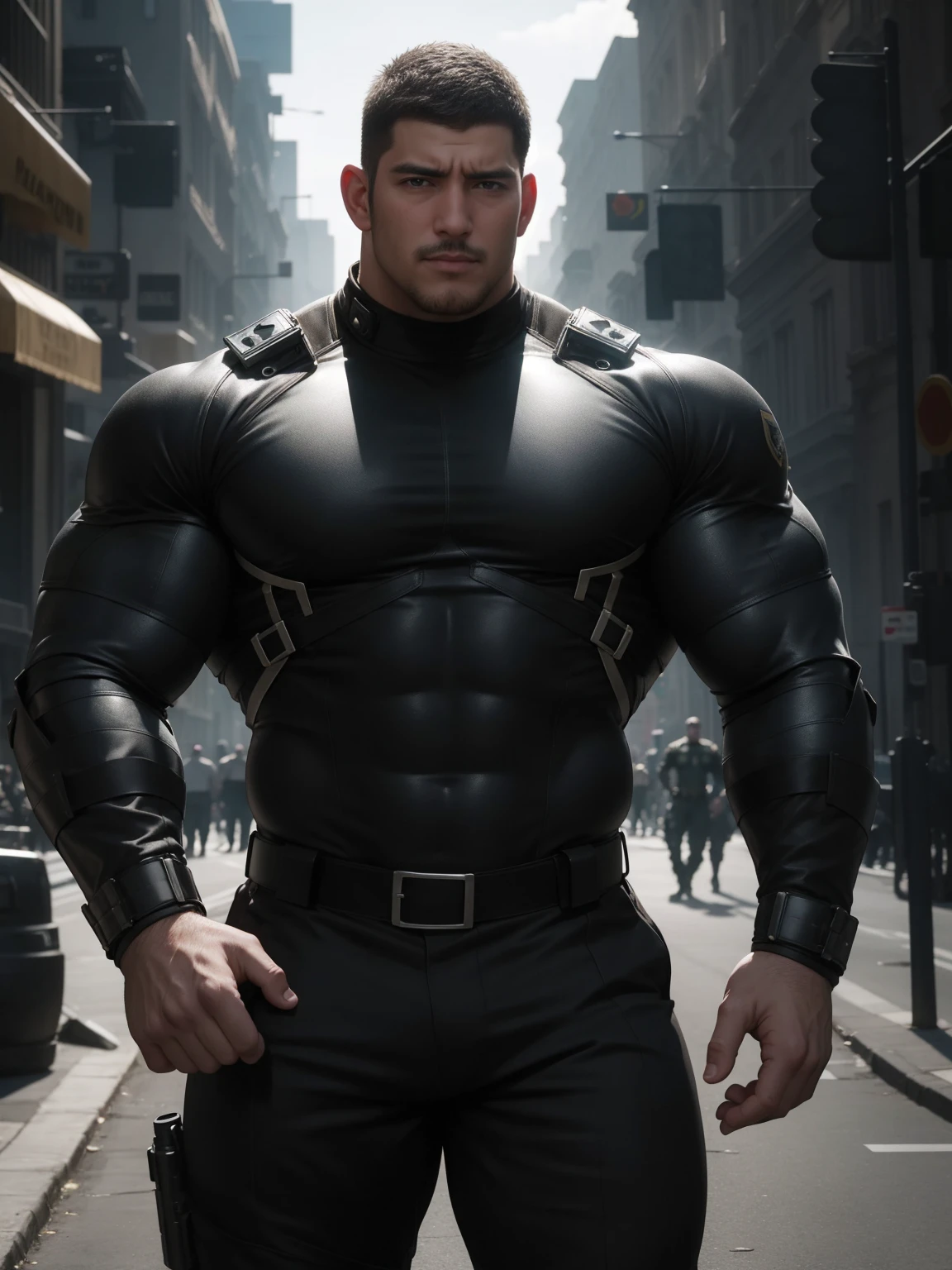 One Tall giant muscular police officer, Mechanical masks, Big Black Mask, on the street outdoors, Brown Superhero Bodysuit, The expression is arrogant, Lift your chin, Messy hair, Thick thighs, Brown Superhero Bodysuit, very tight, Regular symmetrical pattern, Highlight muscles, Police uniform pants, character concept（Resident Evil - Chris Redfield, Chris Redfield）A proud expression, Deep and charming eyes, Heroic male pose, tall Burly, muscular！muscular thighs, tough guy, perfect facial features, High, Burly, Heqiang, Super Buff and Coolness, High Resolution Committee, Charismatic strongman, The sun is blazing, dazzling