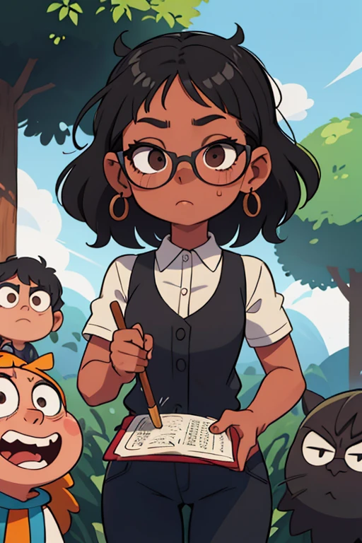 Chico moreno, usa lentes negros, pelo  y ondulado, pelo corto se muestra confundido por no entender algo. Chica blanca, con lunares en su mejilla derecha, pelo , pelo largo y liso le explica al chico moreno lo que el no entiende