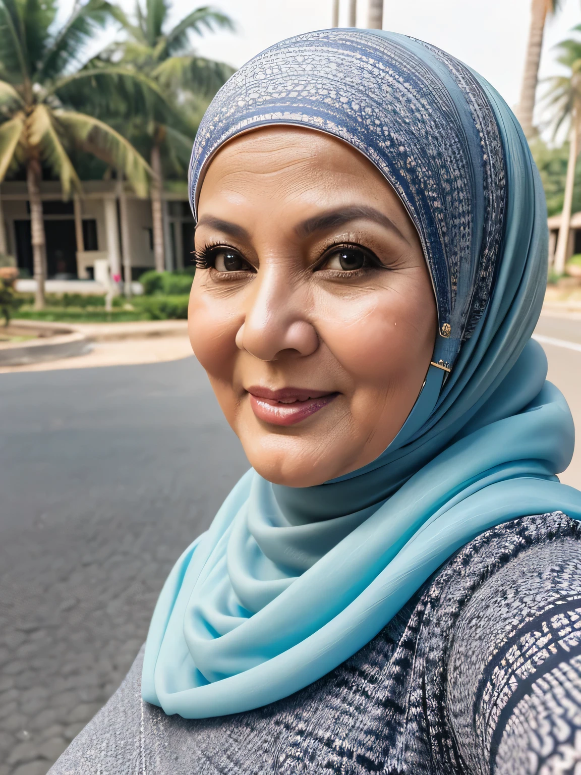 (selfie photo) (Realistic) ((Sexy Hijab)) (real mature face) (old beauty) 62 Years old fat Brunei mature woman, sexy curvy, (sexy chubby body shape), (natural makeup), Big : 34.9, (old woman in Jakarta) soft smile, facing at camera, half body - professional photography with excellent lighting. Outdoor. Dynamic background