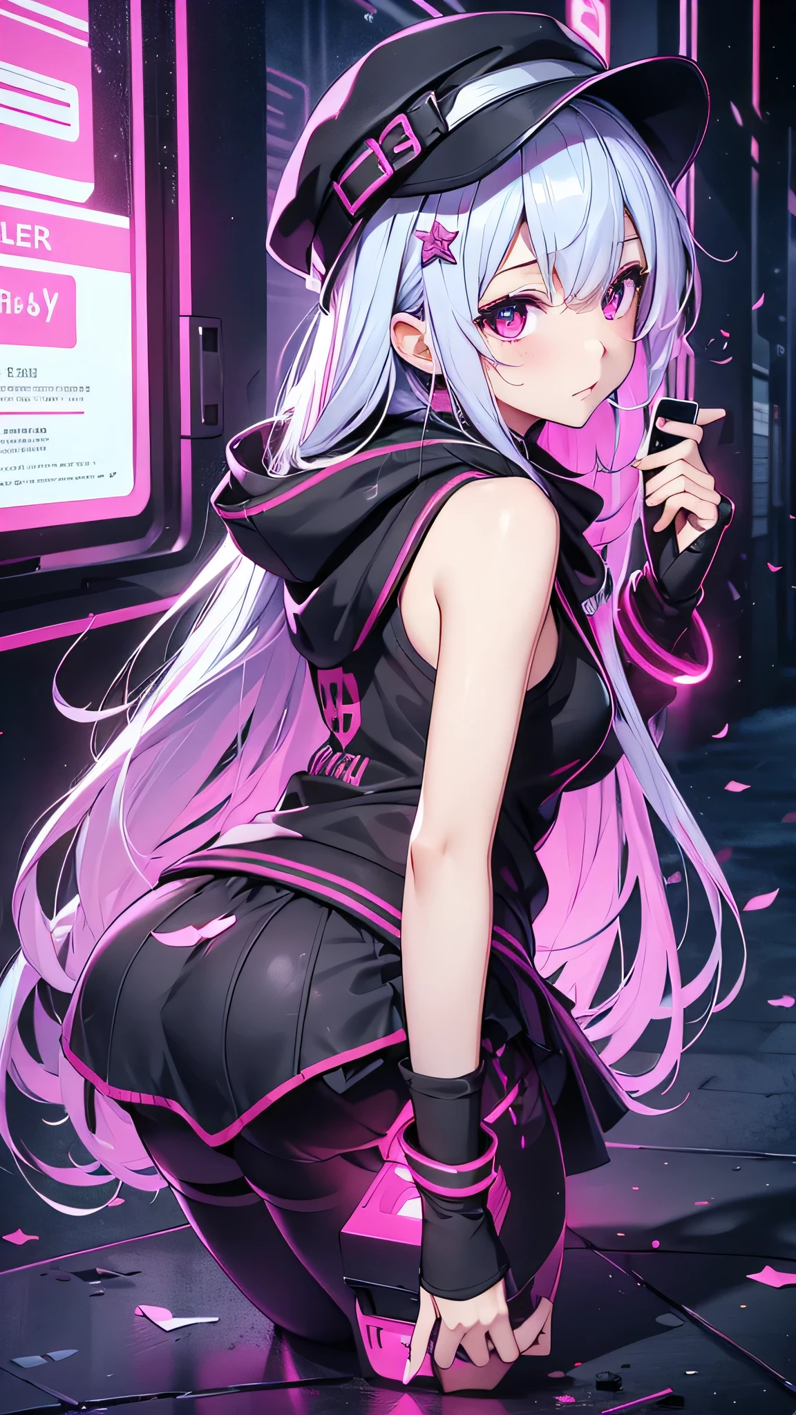 最high quality、Best image quality、masterpiece、girl((18-year-old、 By becoming、Best Bust、Medium Bust,Wide open breast tea、Red glowing eyes,Silver Hair、Disheveled Hair、Long Hair、thin,The highest valley、Open chest、Luminous Wristbands、hat、hair ornaments、luminous necklace、Black sleeveless hoodie(1:2)、Blue short skirt、Disheveled clothing、Show the whole body,Low - Angle、Hacker-like、sweating、lure、Black cute mask、Leaning against a wall、Black scarf、Have a smartphone、Back view、Accentuate your butt、On all fours)),high quality、Beautiful art、background((Neon Light、Neon interior at night))、Flight、Flying debris、Written boundary depth、movie、Visual Arts、Perfect art、8K,Genuine、