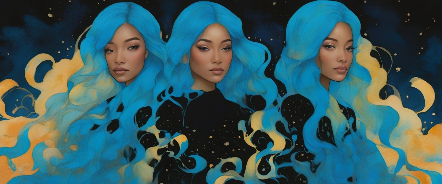 a watercolor painting of a woman with long black hair and a black dress, 2 girl with blue hair, style of charlie bowater, jen bartel, in style of charlie bowater, woman with flat hair, in style of anna dittmann, charlie bowater rich deep colors, inspired by Jeremiah Ketner, Inspired by Harumi Hiỉonaka, golden ratio. 