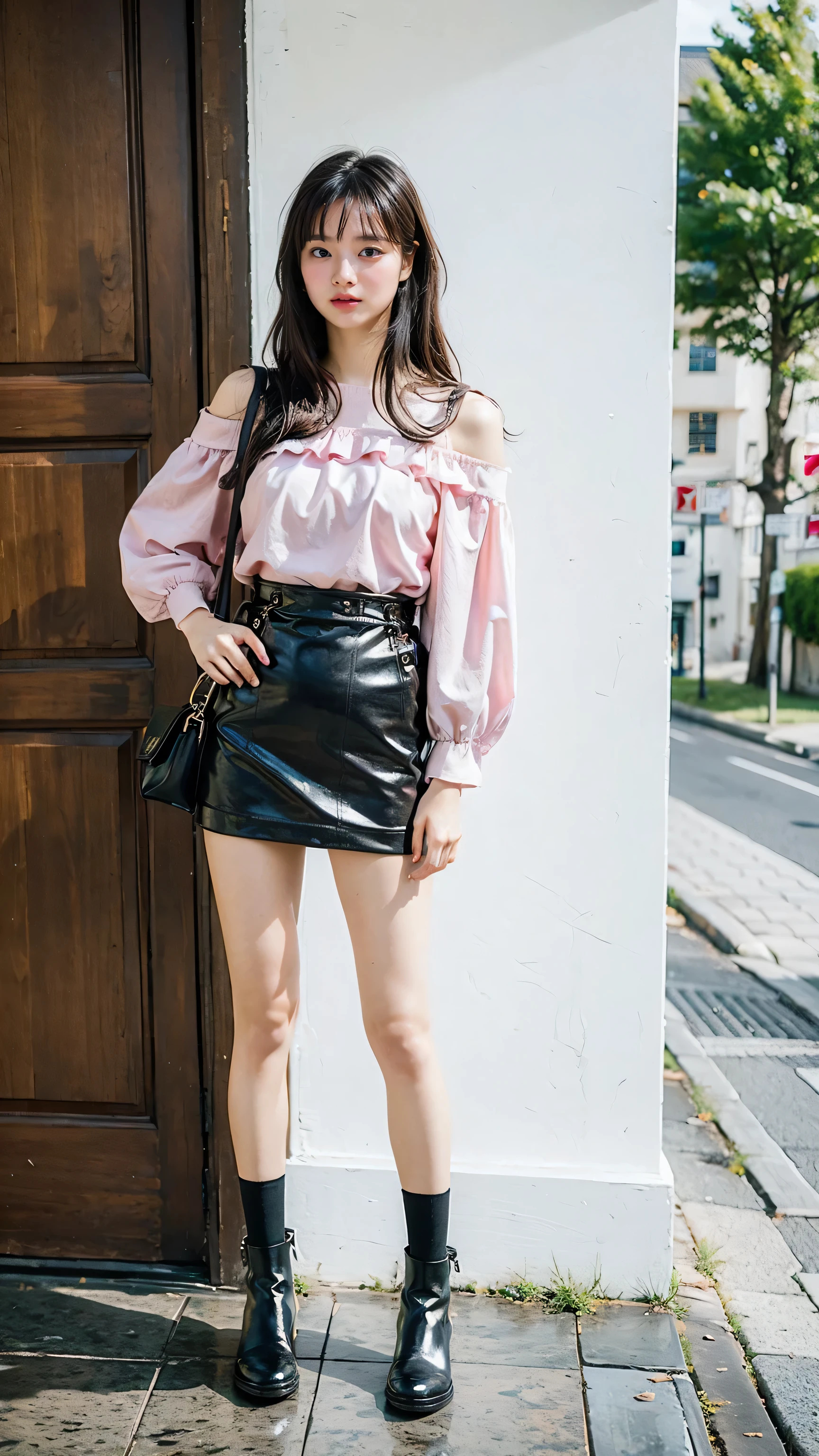 (8k、RAW Photos、highest quality、masterpiece:1.2)、(Realistic、Realistic)、1 girl、((Pink and black miniskirt、Off the shoulder、、boots、Large Breasts、View from the front、Standing with hands on hips))、Lots of eyelashes、Glowing eyelids、skeletally correct