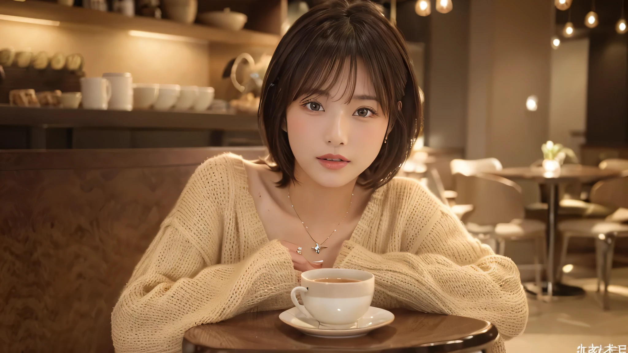 (Tabletop,highest quality)), (Realistic:1.4),(((Tabletop,8k)),Stylish cafe,(Stylish interior),((Full body photo))),Photographed in natural light,Highly detailed face and skin texture,Highly detailed lips,The correct state of the human body,Ultra-high resolution,(Photorealistic:1.4),highest quality, One beautiful woman, 38 years old, s, 60mm lens, light beige knit,(Medium Hair),Japanese women,(Black Hair),Various poses,looking at the camera,Natural lip colour, necklace