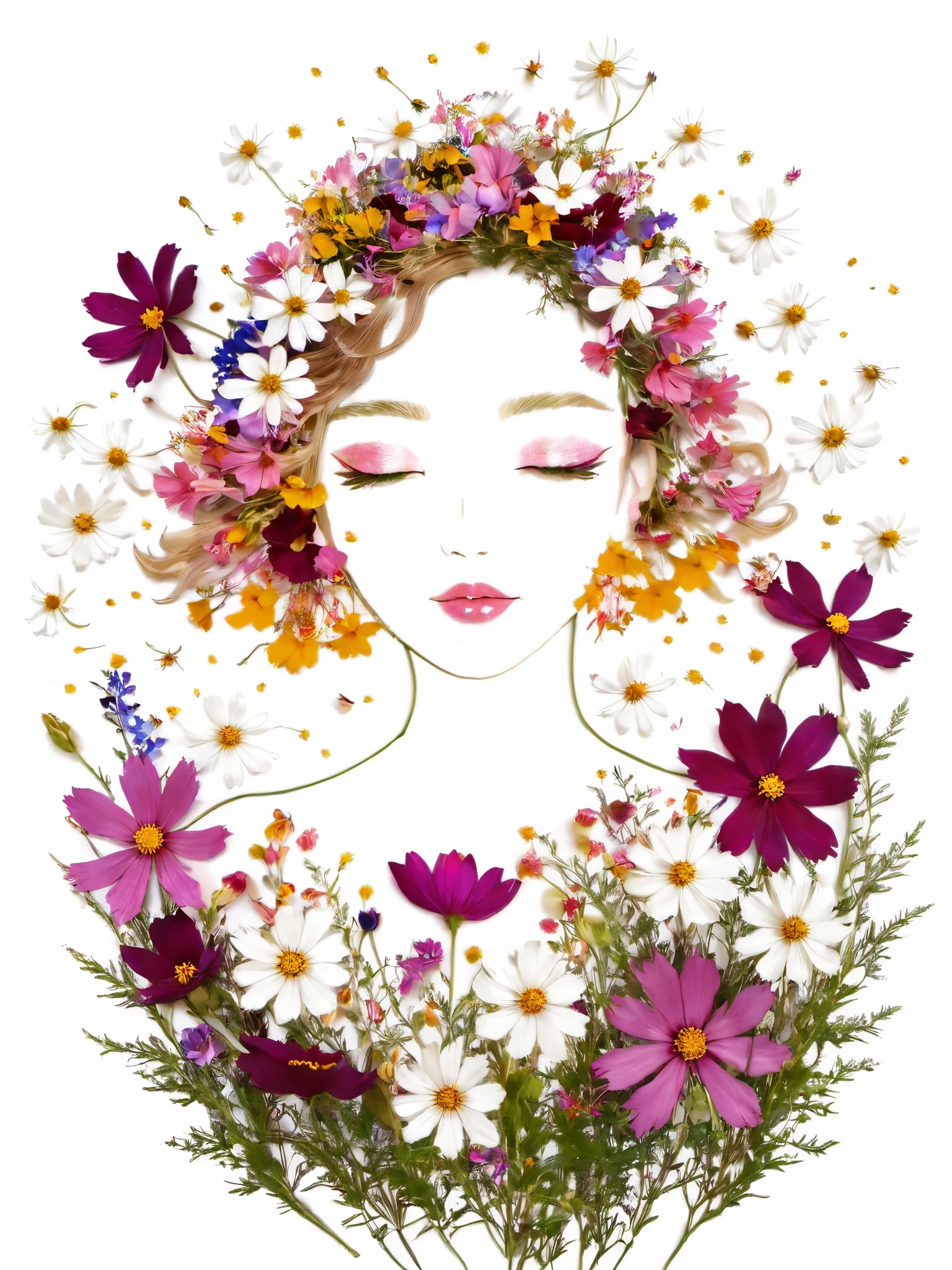 Fall Leaf Crafts, Girl made of flowers, Cosmos flower、Portraiture, White background、