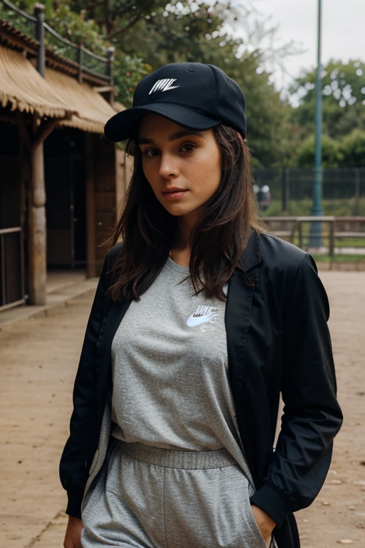 A 29-year-old brunette French woman wearing a cap with a Nike suit walking in a zoo