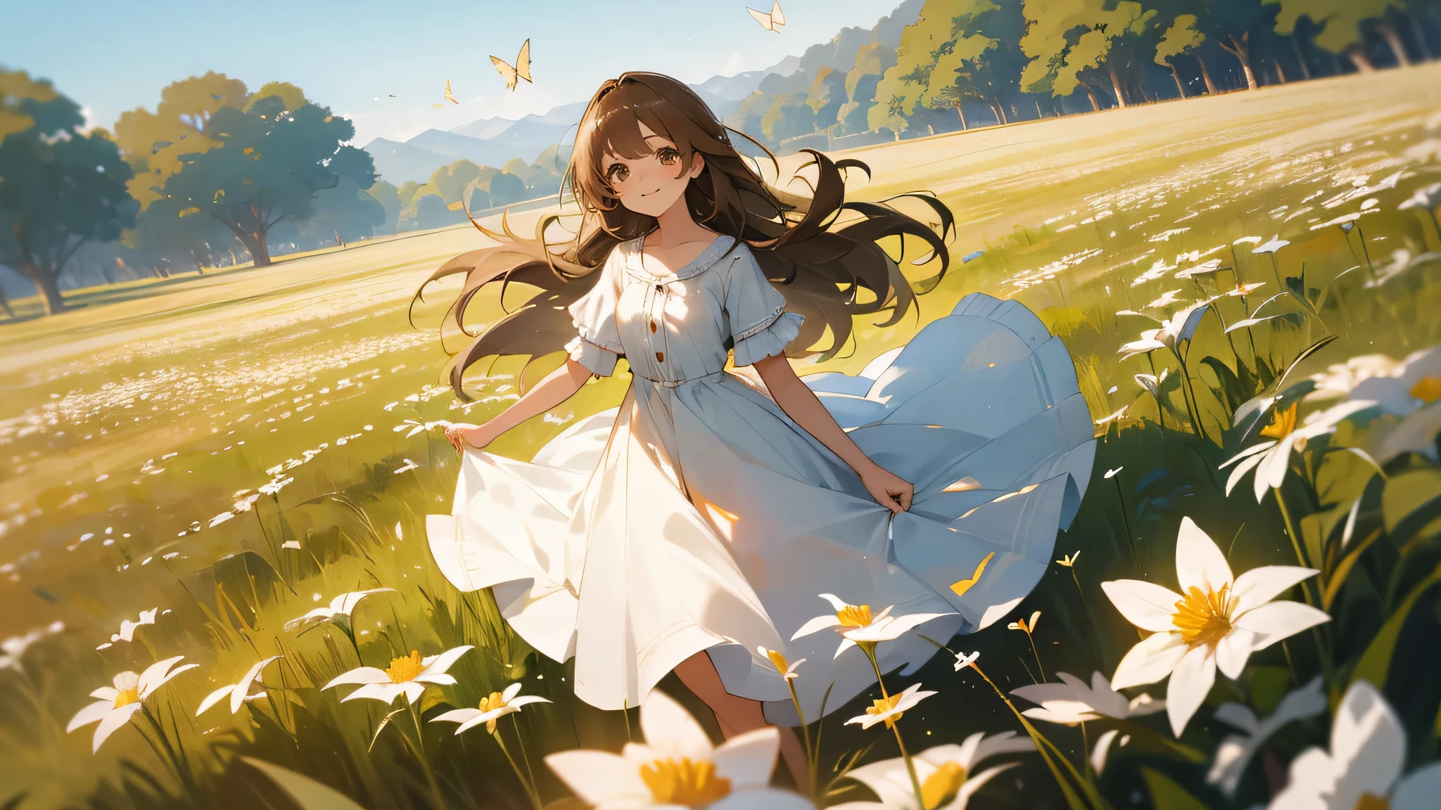 High detail,Hyper Detail,Ultra high resolution light brown eyes,Long-haired girl enjoys time in the field,Surrounded by natural beauty,The warm sun shining down on her,White flowers swaying gently in the breeze。Butterflies and birds flutter around her,It adds a playful atmosphere,smile, --v6