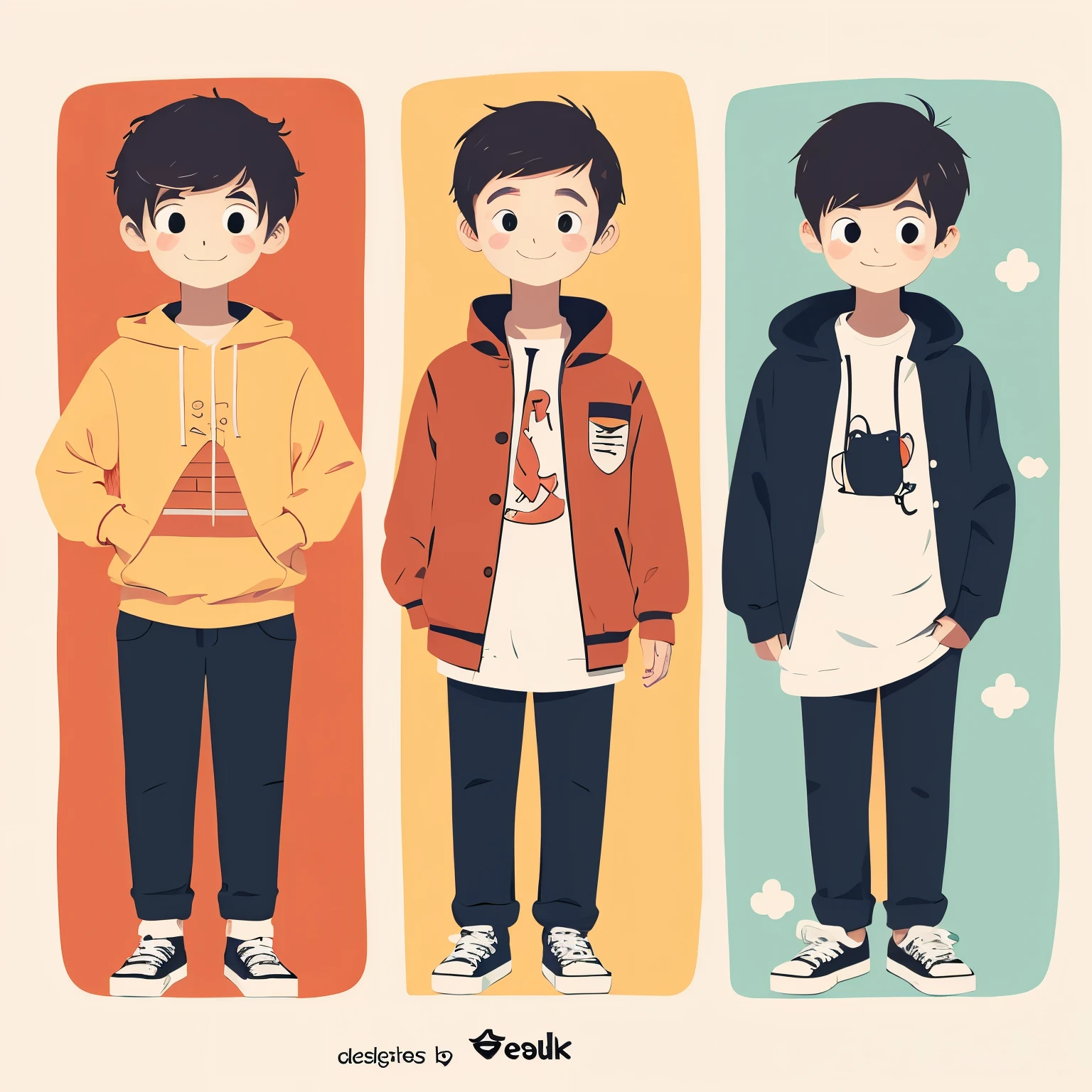 3 boys, cute, vertical illustrations