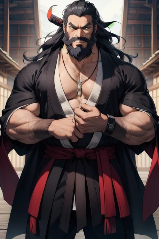 highest quality,masterpiece,High resolution, High resolution, 30 years old, Samurai style, Masculine face, Susanoo,good looking,uncle,beard,Strong jaw,Long Hair,all back,Ame-no-Murakumo-no-Tsurugi in his right hand,Magatama Necklace,looking at the camera,Anime Style,3 heads