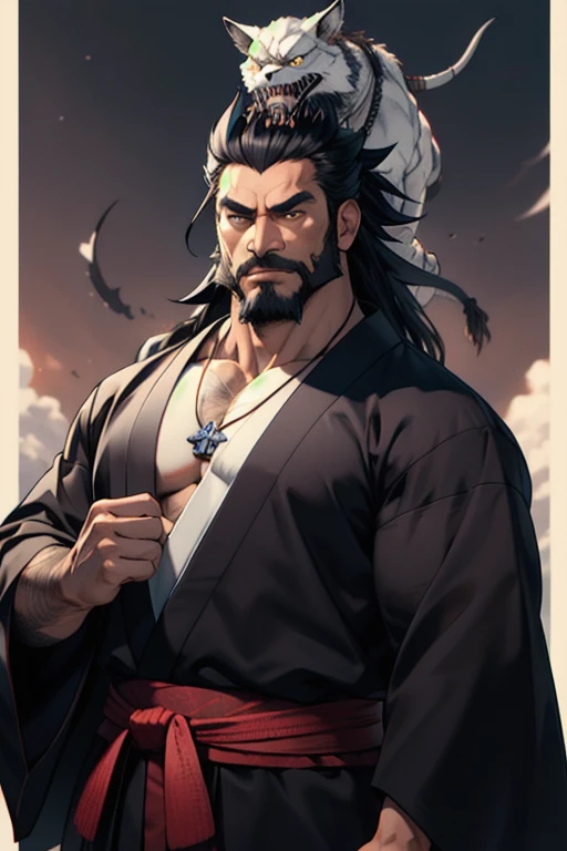 highest quality,masterpiece,High resolution, High resolution, 30 years old, Samurai style, Masculine face, Susanoo,good looking,uncle,beard,Strong jaw,Long Hair,all back,Ame-no-Murakumo-no-Tsurugi in his right hand,Magatama Necklace,looking at the camera,Anime Style,3 heads