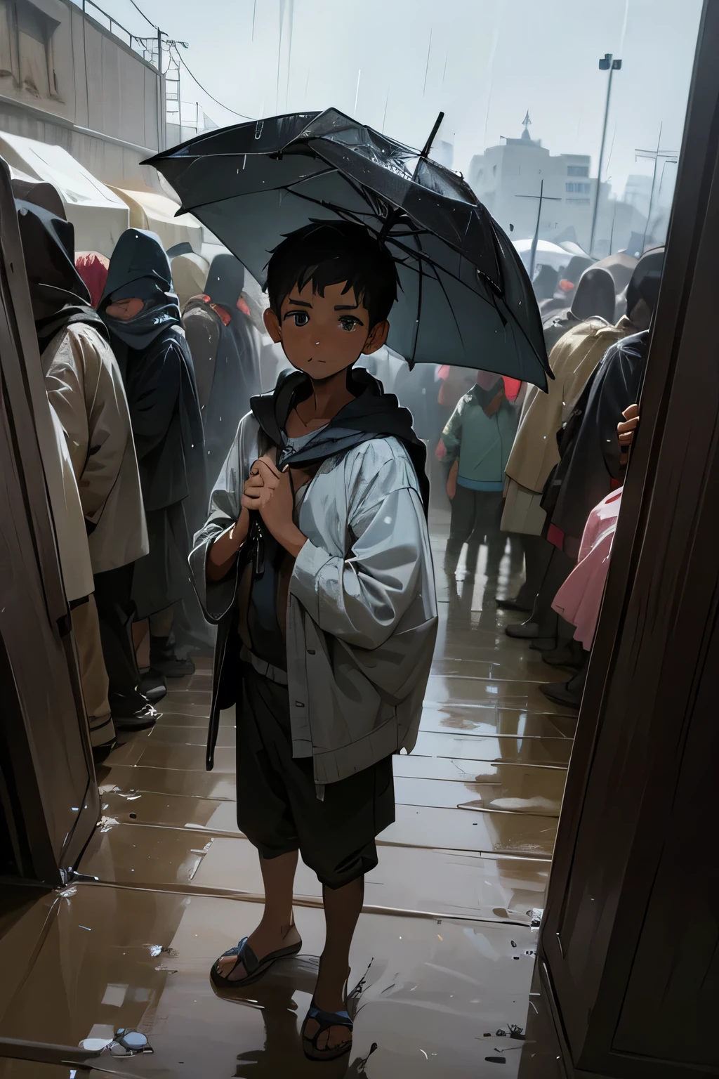 a boy in a refugee camp, clothes covered in dust, indifferent, (rain), war, waiting in line, building collapsed, wet, don't have umberella, empty