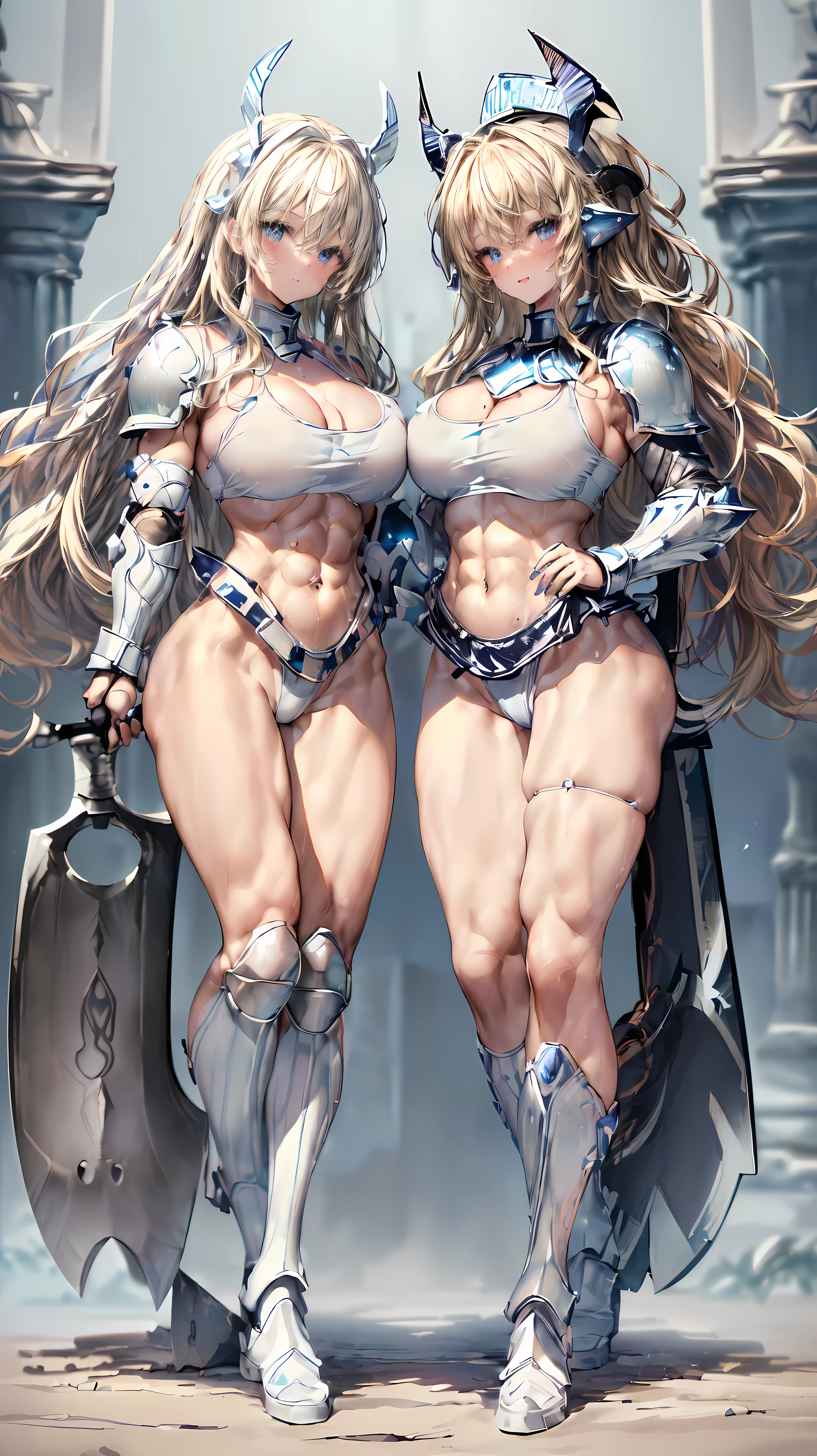Very detailed、highest quality、(Best image quality:1.5)、(masterpiece:1.5)、8k、(Two women side by side:1.5)、Anime Face、A kind smile、Open Mouth、Sparkling blue eyes、(Blonde wavy hair:1.5)、(Muscles of the whole body:1.3)、camisole、Thigh belt、(Wearing white bikini armor:1.5)、(Cowboy Shot:1.5)、(Leg armor:1.5)、Wearing a helmet、(Holding a battle axe:1.5)