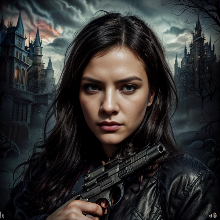 Close-up of a woman holding a gun near a photo of a woman with a serious expression, Detailed cover artwork, Official artwork, Album art, By Christian Zaltmann, CD jacket cover, New soundtrack cover, Art Cover, castle, stylized urban fantasy art, Promotional Art, Album art cover, Album cover, Highly detailed cover art, cast