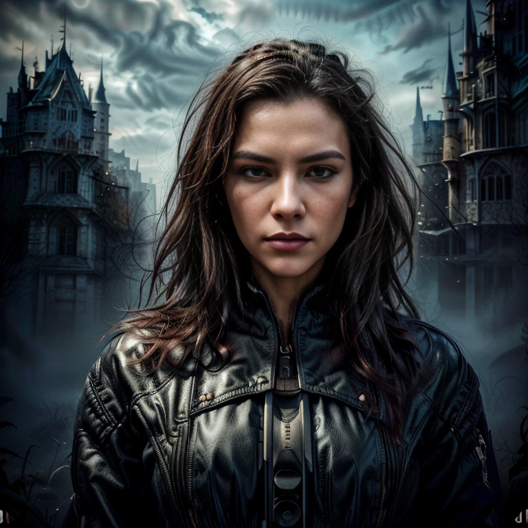 Close-up of a woman holding a gun near a photo of a woman with a serious expression, Detailed cover artwork, Official artwork, Album art, By Christian Zaltmann, CD jacket cover, New soundtrack cover, Art Cover, castle, stylized urban fantasy art, Promotional Art, Album art cover, Album cover, Highly detailed cover art, cast