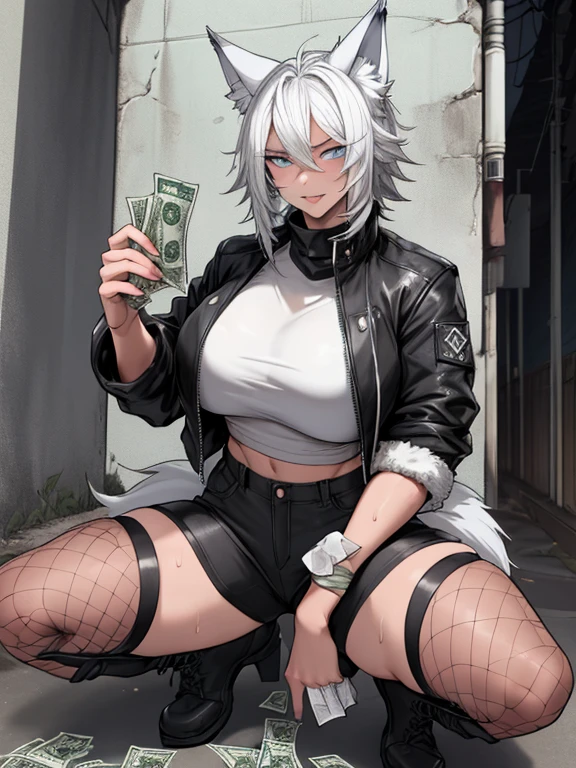 Single girl, Anime tomboy, Short, Long white hair, wolf ears, wolf tail, blue eyes, thigh high fishnets, black combat boots, wearing fur lined open jacket, nude, solo tomboy, only one female ((big breasts)) solo, alone, (SOLO)(ALONE) thicc thighs, wide hips, blue eyes, perfect eyes, perfect face, full lips, happy, white shirt, midriff, black cutoff shorts, perfect detailed face, ((sweat)), aftersex, alley, modern grey walls, (prostitution), (((holding money in hand))), (((money))), dollar, ((after prostitution)), standing, spread legs, (smug),